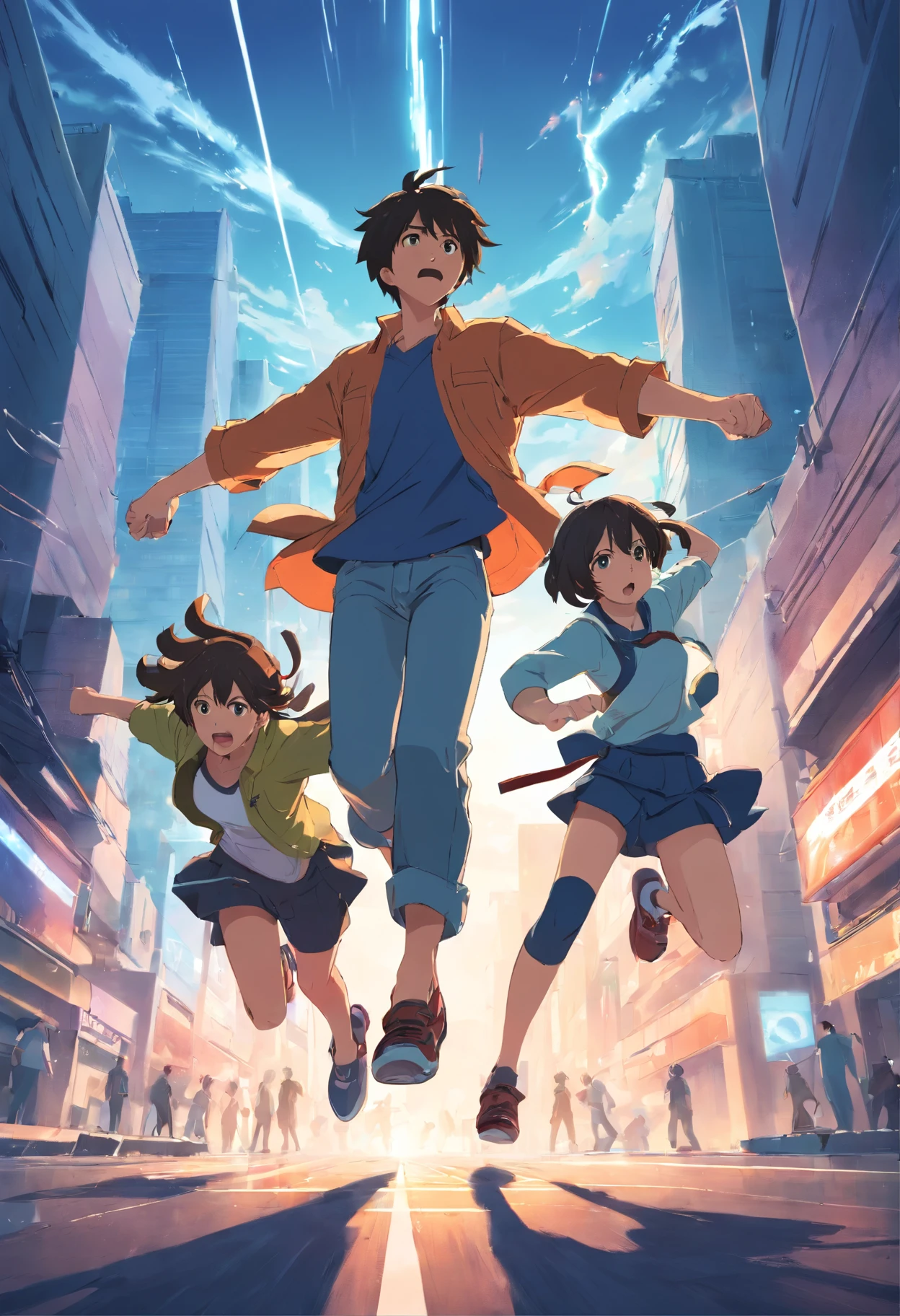 2 male characters flank the female character.  The female character shows rage and aggression, as if wanting to jump into the enemy's head.  Two male characters try to drag her away.