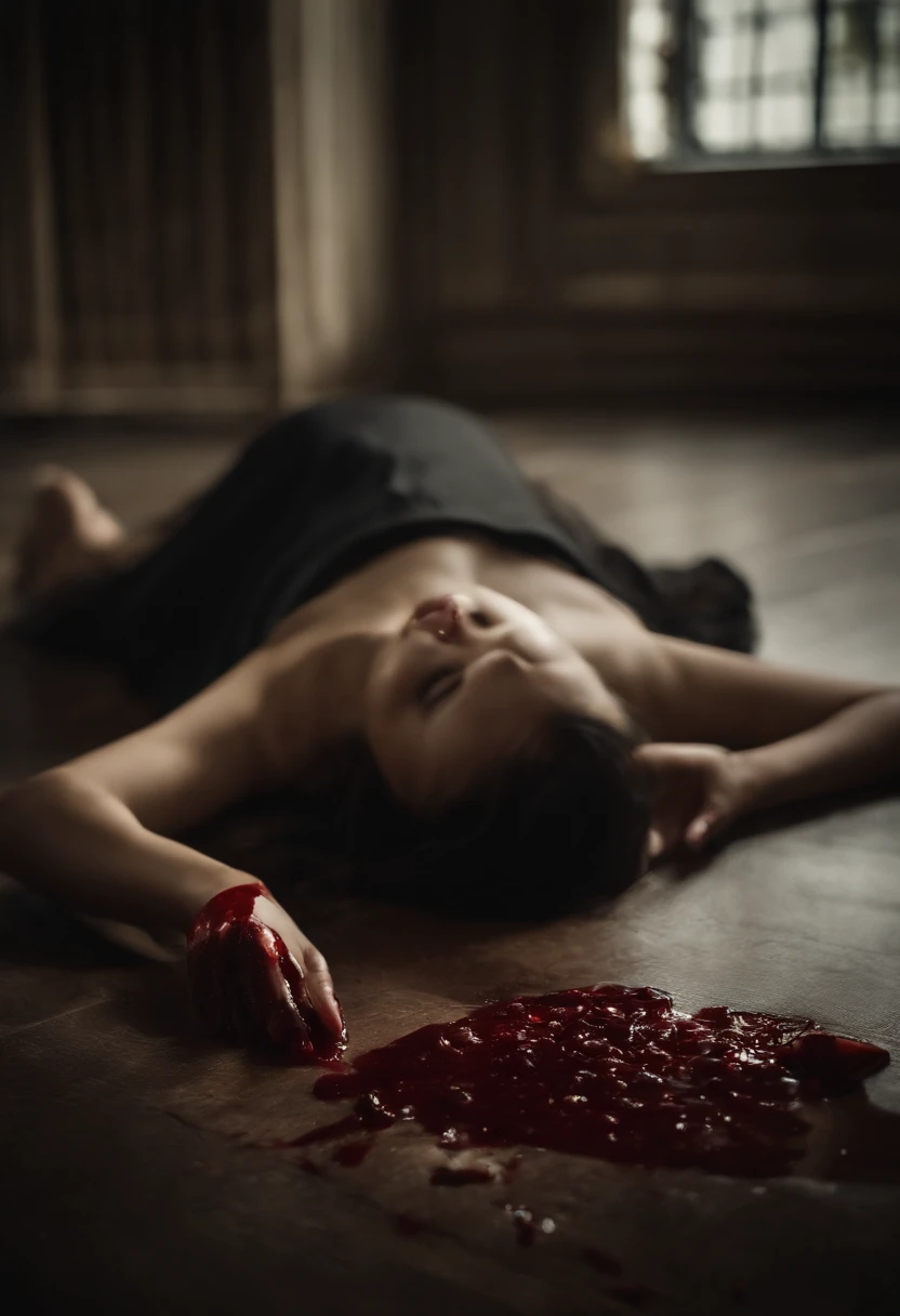 Asian girl stabbed to death at her chest with a knife, her face shocked, her body covered of blood and dying with many wound at her body laying at the floor naked body, full body, death a woman who was stabbed in the chest with a knife, her face was shocked with the knife still stuck in her chest, her stomach contents were spilling out and she was dying laying at the floor