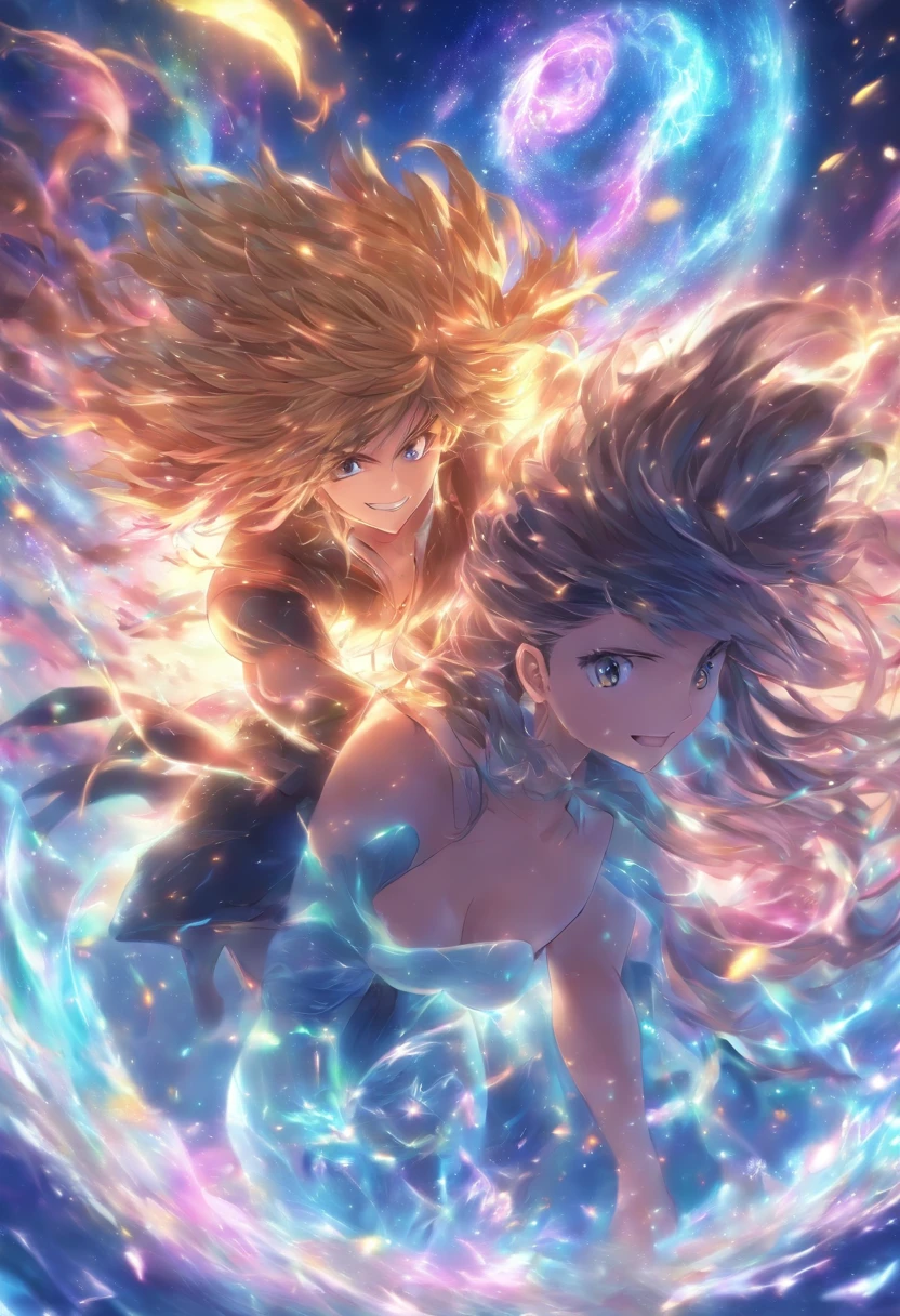Masterpiece, anime big breast, kawaii, Cute, Romantic, Best quality, 2others, couple, mature, Adult, Height difference, Different fashions, different colors, Casual clothes, Long sleeves, Smile, cheerfulness, Love, Swirling wind, Blue sky, Man with long hair, Man with light brown hair, Woman with black hair, Woman with black hair
