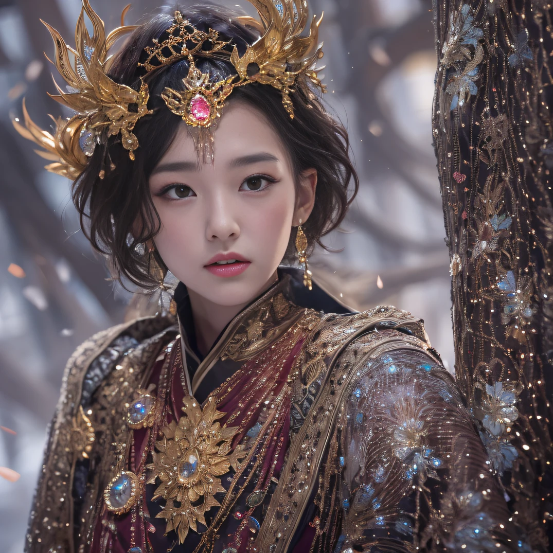 32K(tmasterpiece,k hd,hyper HD,32K)Short burgundy hair,Gold jewelry area in the back room,Flame Girl ,Yao Lang protector (realisticlying:1.4),Python pattern robe,Purple-pink tiara,Snowflakes fluttering,The background is pure,Hold your head high,Be proud,The nostrils look at people, A high resolution, the detail, RAW photogr, Sharp Re, Nikon D850 Film Stock Photo by Jefferies Lee 4 Kodak Portra 400 Camera F1.6 shots, Rich colors, ultra-realistic vivid textures, Dramatic lighting, Unreal Engine Art Station Trend, cinestir 800,Hold your head high,Be proud,The nostrils look at people,Short burgundy hair
