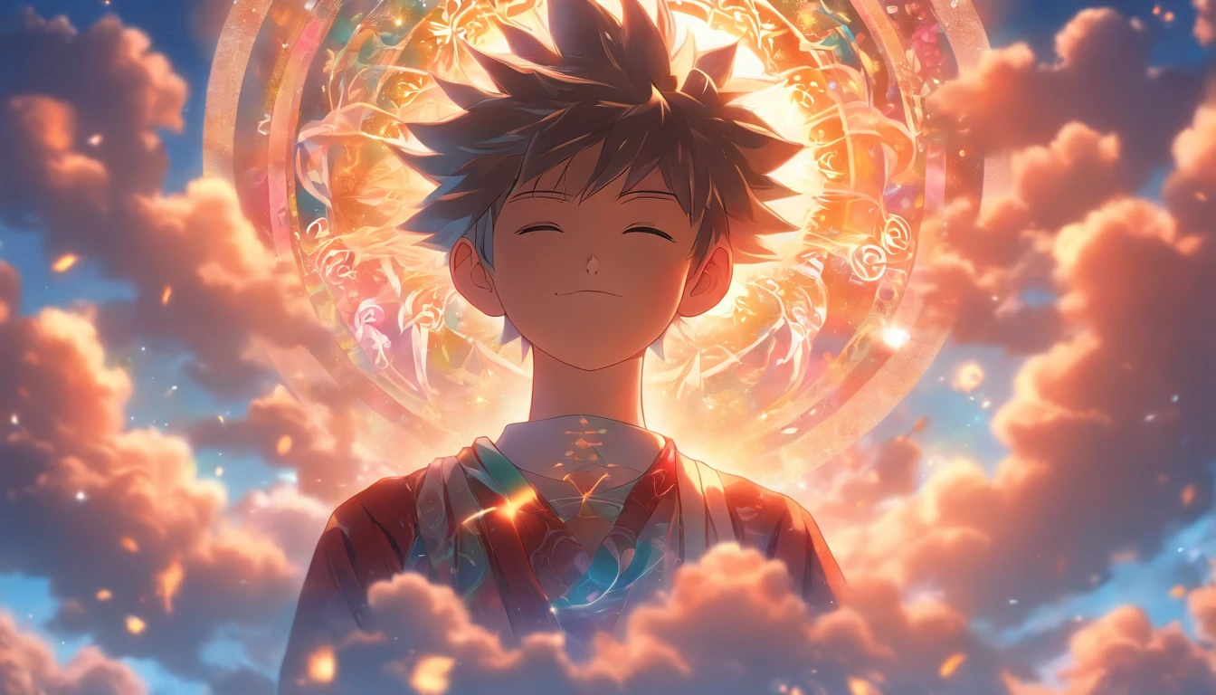 A boy meditating in a celestial place,illustration,tranquil atmosphere,peaceful surroundings,soft sunlight,serene expression,floating above the clouds,beautiful detailed eyes,gentle smile,hands in a meditative pose,sacred geometry patterns,ethereal background,highres,photorealistic,spiritual,serenity,happiness,vivid colors,sublime lighting.
