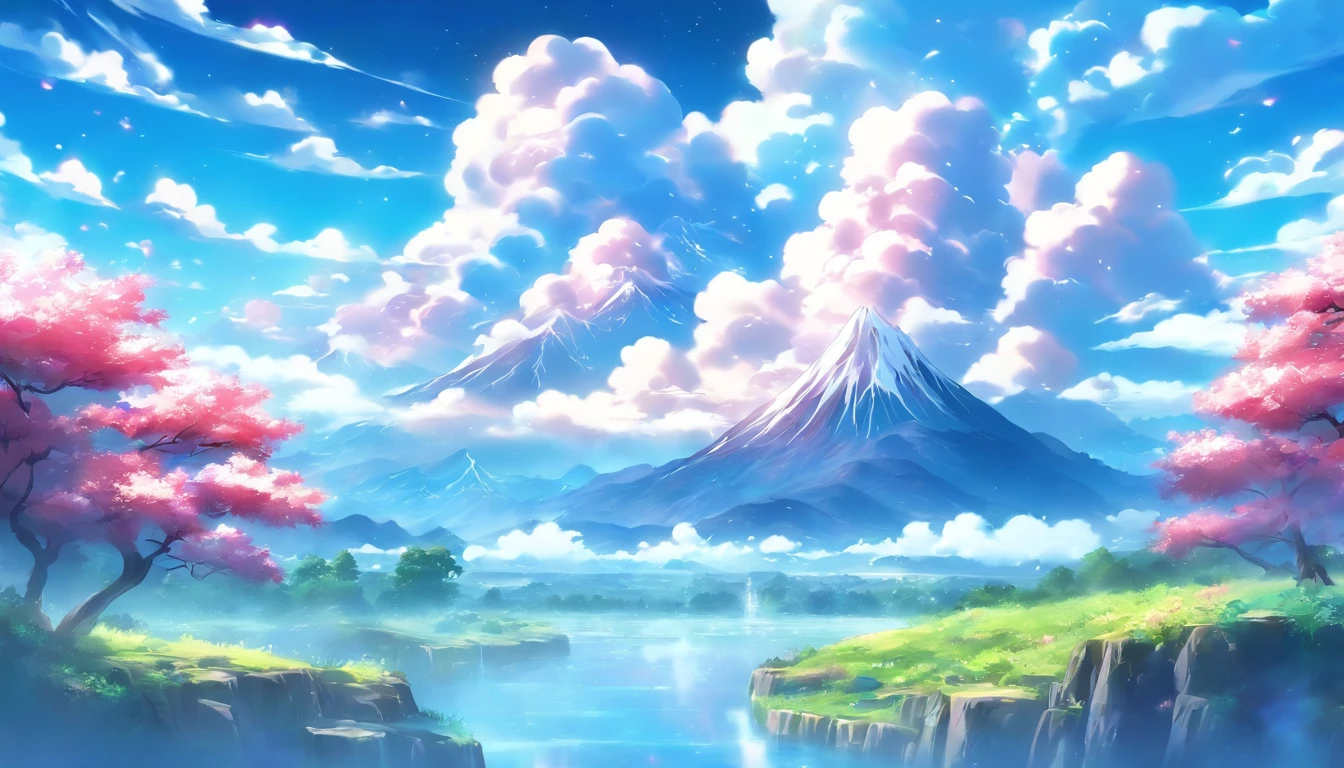 ((anime landscape wallpapers: 1.2, Width 672, Beautiful Art UHD 4K: 0.8), (Anime country landscape, Anime Nature, anime big breast), Anime Cloud, landscape artwork, epic landscapes), (Anime style art style, Detailed landscape, Beautiful fluffy clouds: 1.2, Landscape background), well-illuminated, Bright picture (Field, A painting of mountains and rivers, Anime theme), )