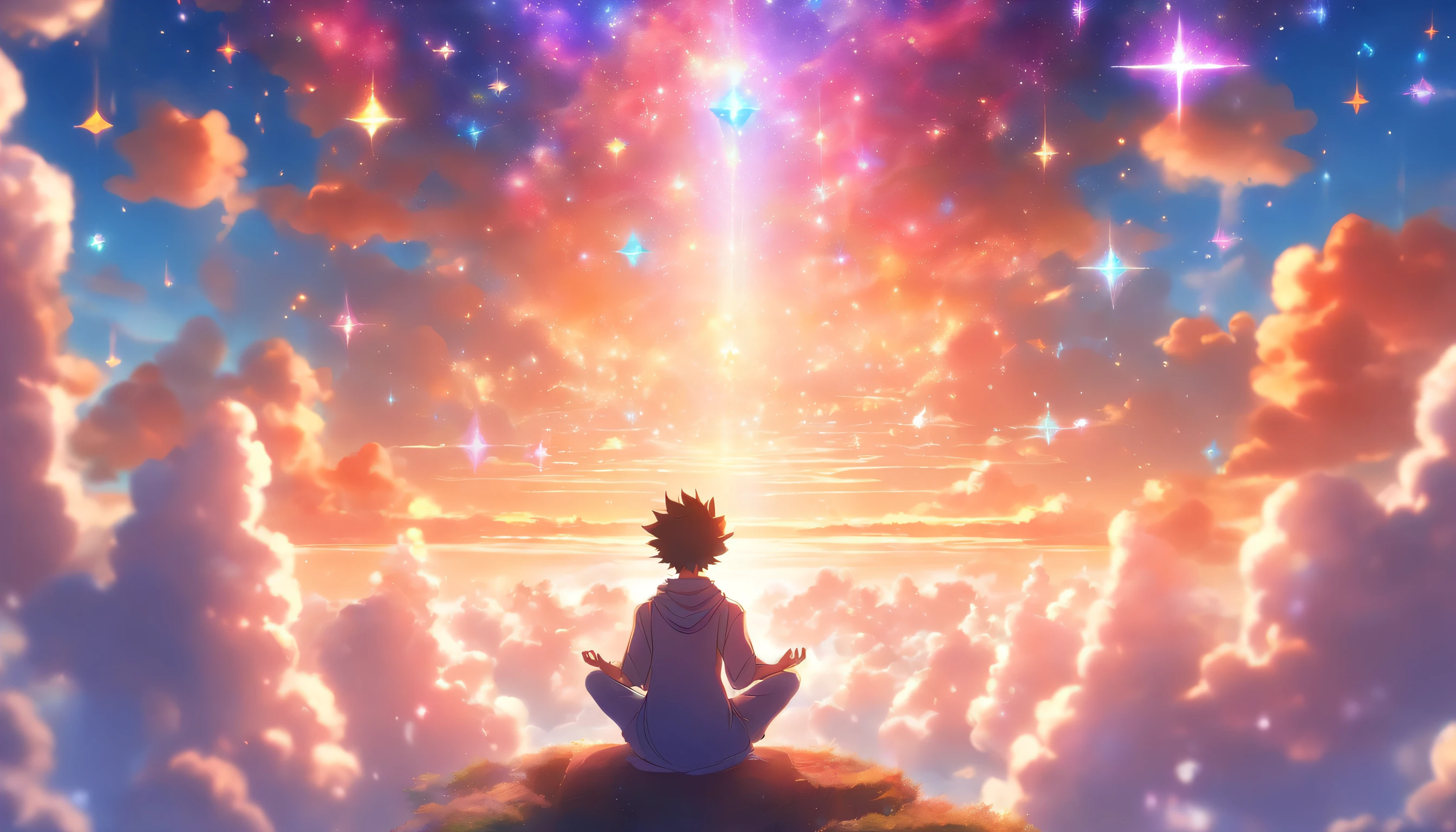 A boy meditating in a celestial place,illustration,tranquil atmosphere,peaceful surroundings,soft sunlight,serene expression,floating above the clouds,beautiful detailed eyes,gentle smile,hands in a meditative pose,sacred geometry patterns,ethereal background,highres,photorealistic,spiritual,serenity,happiness,vivid colors,sublime lighting.