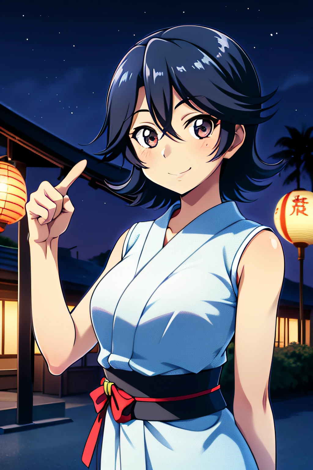 1girl, kamishima_tomoko is out at a summer festival at a shrine at night, The summer festival is a success, with many stalls and many people coming and going, She is wearing a Japanese yukata with a summer pattern based on blue. is smiling while looking at me, pointing and saying, ``Let's go there too!''
