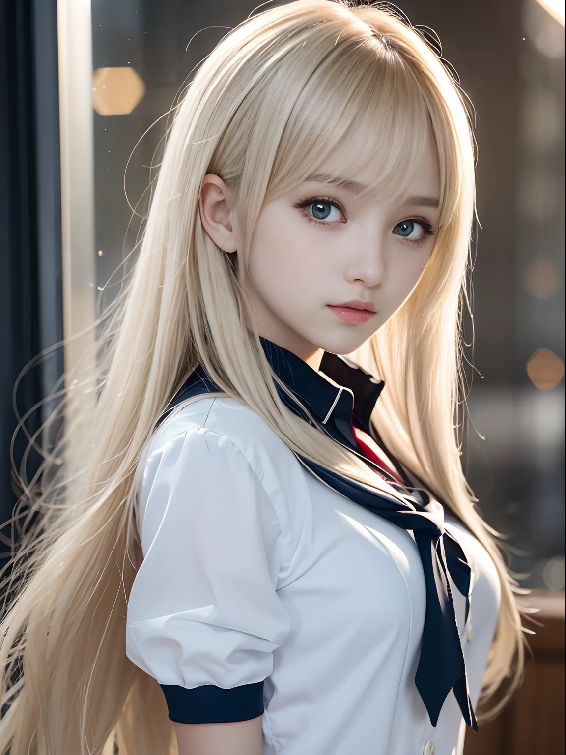 portlate、School Uniforms、bright expression、Young shiny shiny white shiny skin、Best Looks、Blonde reflected light、Platinum blonde hair with dazzling highlights、shiny light hair,、Super long silky straight hair、Beautiful bangs that shine、Glowing crystal clear attractive big blue eyes、Very beautiful nice cute girl、Lush bust、
