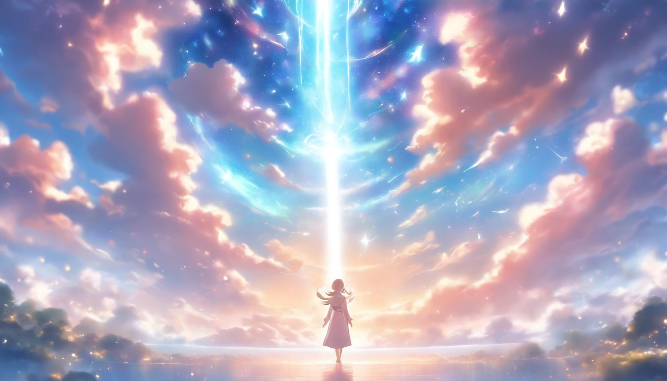 (best quality,ultra-detailed,realistic:1.37),a girl meditating in a celestial place,peaceful atmosphere,serene environment,gentle rays of light,ethereal beauty,pure white robe,halo of soft light,floats above the ground,dream-like surroundings,tranquil and calming,blissful expression,floating particles,harmonious colors,soft pastel tones,angelic presence,serene and blissful ambiance,simple and minimalistic background,distant celestial objects