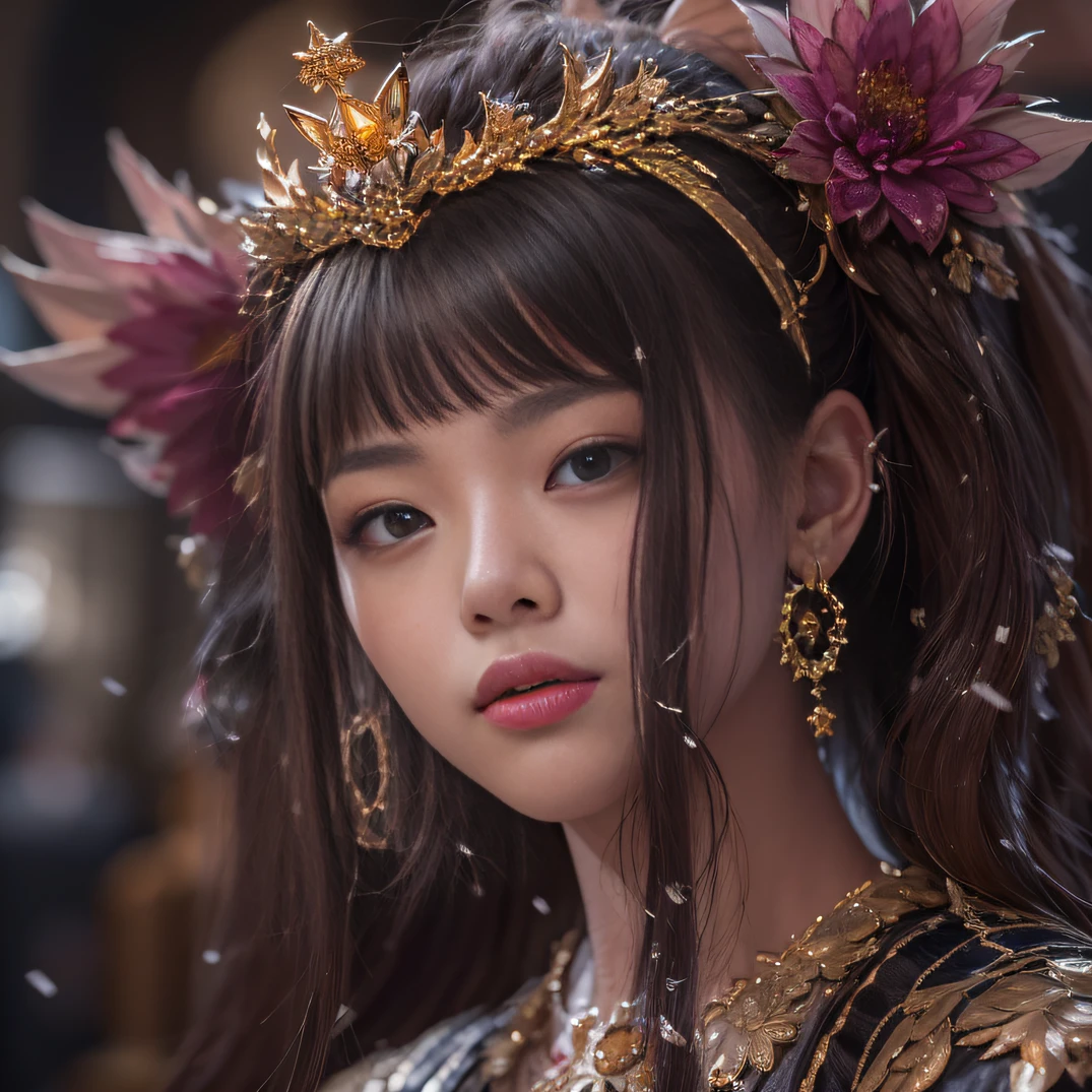32K（tmasterpiece，k hd，hyper HD，32K）Short burgundy hair，Gold jewelry area in the back room，Flame Girl ，Yao Lang protector （realisticlying：1.4），Python pattern robe，Purple-pink tiara，Snowflakes fluttering，The background is pure，Hold your head high，Be proud，The nostrils look at people， A high resolution， the detail， RAW photogr， Sharp Re， Nikon D850 Film Stock Photo by Jefferies Lee 4 Kodak Portra 400 Camera F1.6 shots, Rich colors, ultra-realistic vivid textures, Dramatic lighting, Unreal Engine Art Station Trend, cinestir 800，Hold your head high，Be proud，The nostrils look at people，Short burgundy hair