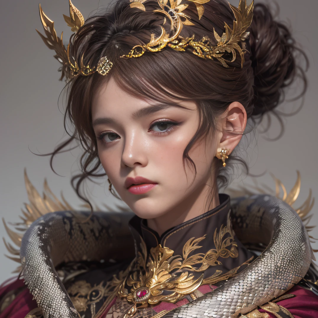 32K(tmasterpiece,k hd,hyper HD,32K)Short burgundy hair,Gold jewelry area in the back room,Flame Girl ,Yao Lang protector (realisticlying:1.4),Python pattern robe,Purple-pink tiara,Snowflakes fluttering,The background is pure,Hold your head high,Be proud,The nostrils look at people, A high resolution, the detail, RAW photogr, Sharp Re, Nikon D850 Film Stock Photo by Jefferies Lee 4 Kodak Portra 400 Camera F1.6 shots, Rich colors, ultra-realistic vivid textures, Dramatic lighting, Unreal Engine Art Station Trend, cinestir 800,Hold your head high,Be proud,The nostrils look at people,Short burgundy hair