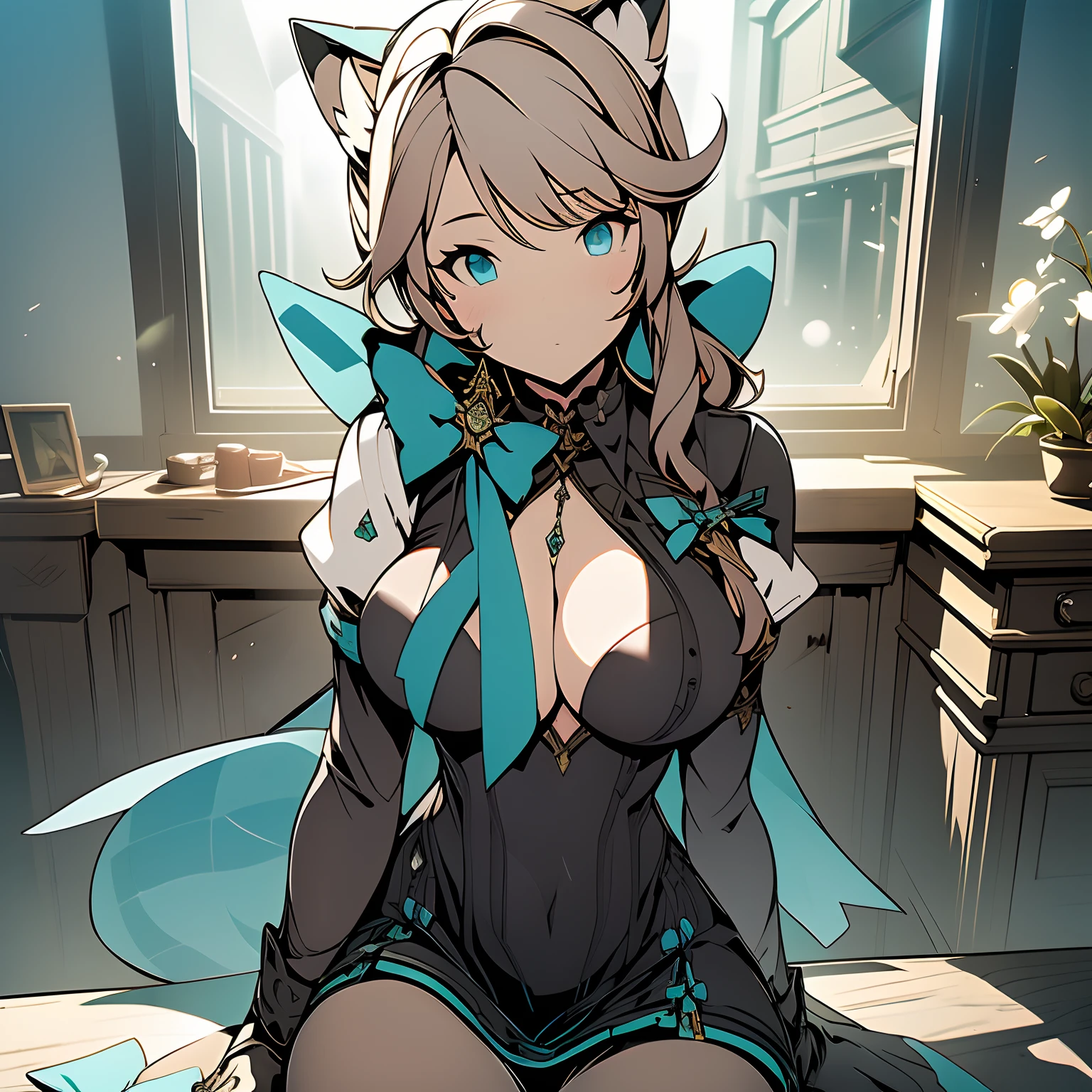 (masterpiece),( lynette from "Genshin_Impact" ) best quality, expressive eyes, perfect face, ( 1girl, solo ), ((catgirl))
big breast, H-cup, good breast, beautiful, gorgeous ,large breast, sitting on a desk, uplight, medium shot, indoors, magician office, cleavage, white sleeves, Turquoise bow, black school skirt, bow, feminine, blushing