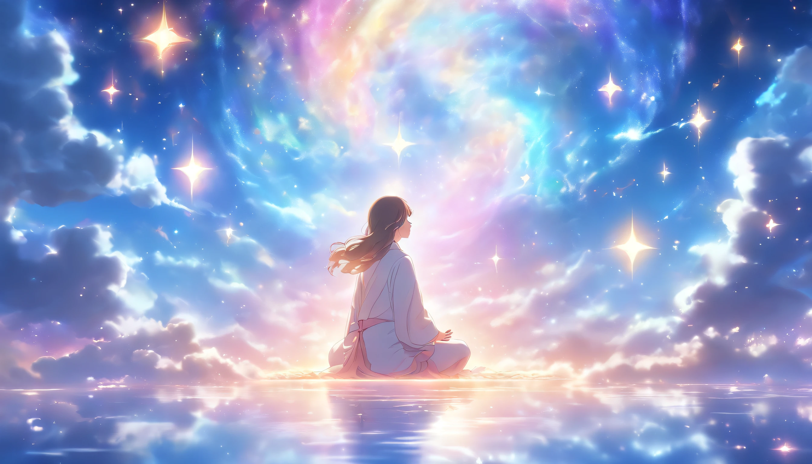 (best quality,ultra-detailed,realistic:1.37),a girl meditating in a celestial place,peaceful atmosphere,serene environment,gentle rays of light,ethereal beauty,pure white robe,halo of soft light,floats above the ground,dream-like surroundings,tranquil and calming,blissful expression,floating particles,harmonious colors,soft pastel tones,angelic presence,serene and blissful ambiance,simple and minimalistic background,distant celestial objects