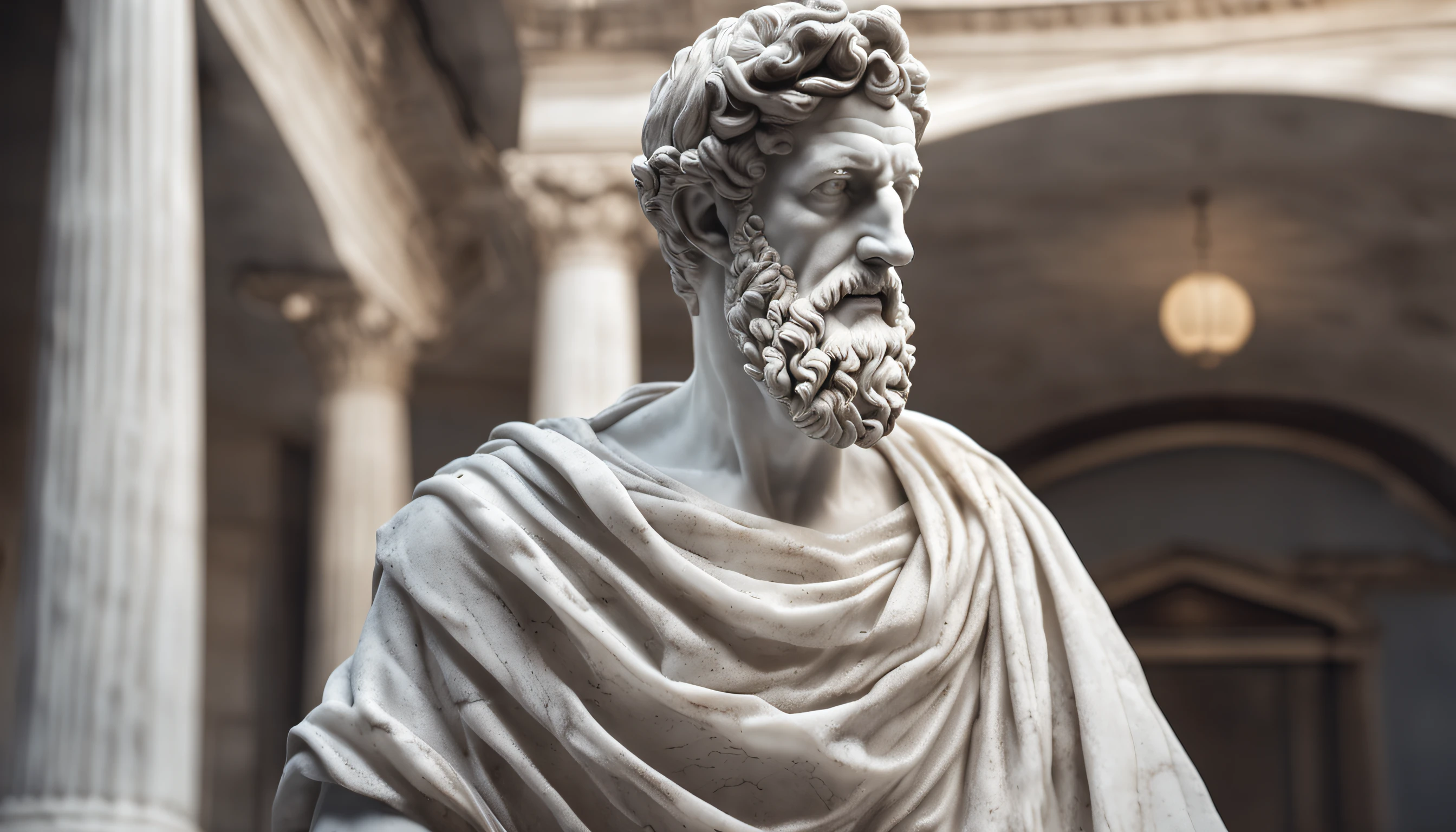A carefully detailed realistic Greek white marble statue of Marcus Aurelius wearing a ghostly toga, fundo sombrio, Moody, , fotorrealista, Jantar de cinema atencioso, super detalhada, Hiper realista, pouca luz, 8k