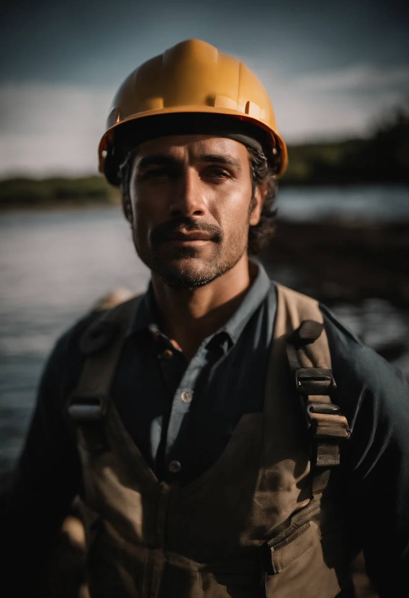 Homem de terno, with safety helmet in hand, lago com peixes, folded pants