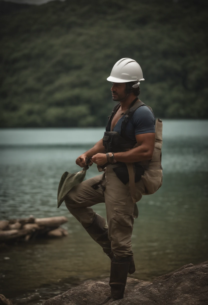 Homem de terno, with safety helmet in hand, lago com peixes, folded pants