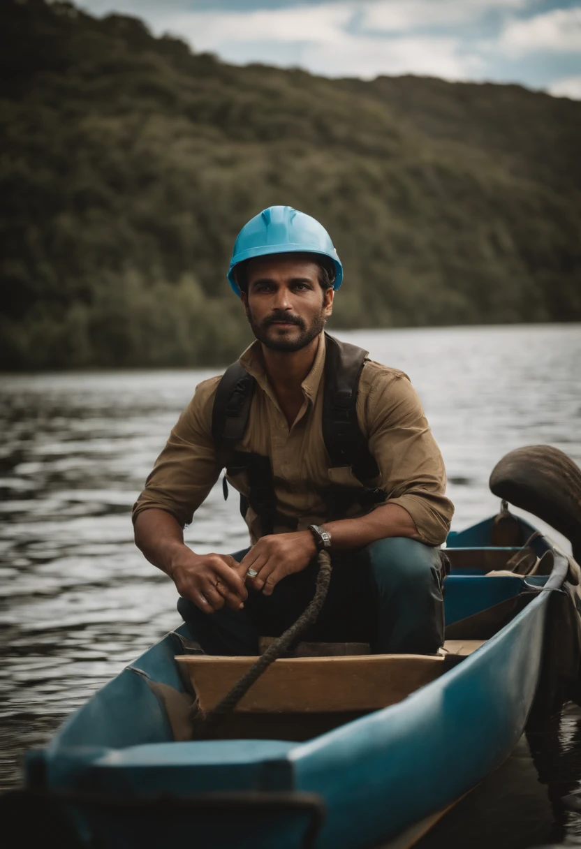 Homem de terno, with safety helmet in hand, lago com peixes, folded pants