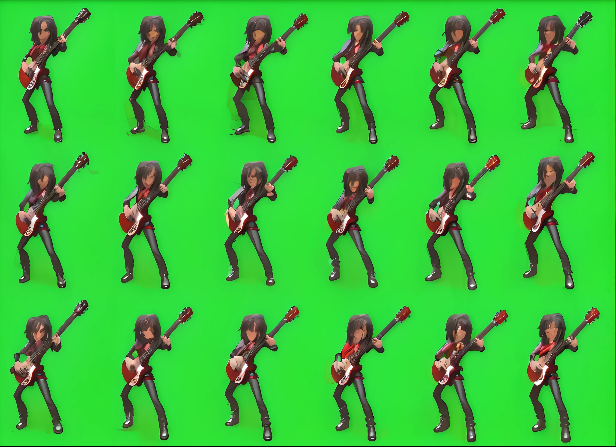 a close up of a person dressed in a black motorcycle leather jacket, black trousers, and black leather boots, playing a guitar on a green screen, green screen background, green screen, stereogram, spritesheet, vfx spritesheet!!!!!, sprite sheet, slash page, rotoscoped, rotoscoping, he is dancing. realistic, solid background, live2d virtual youtuber model, guitarist, rocking out, stop frame animation