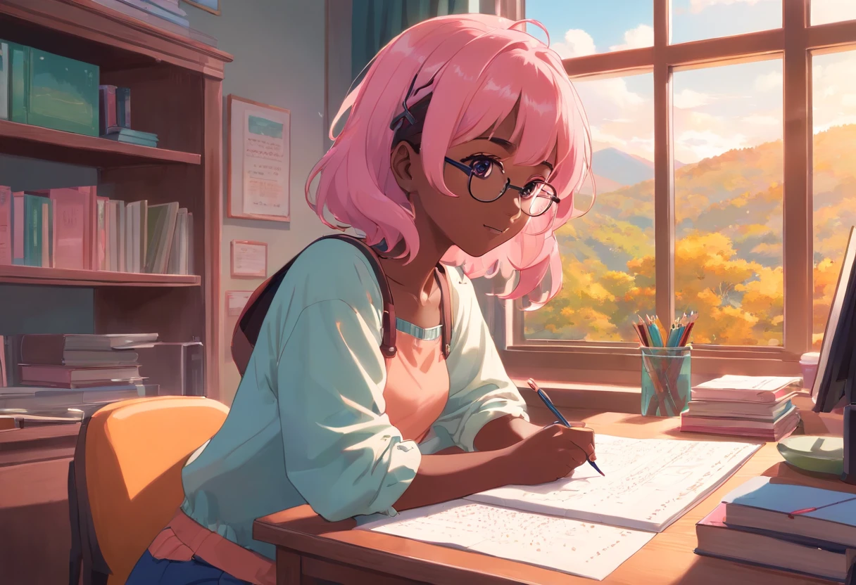girl with pink hair, (dark skin), curly hair, studying in her peach pastel room, cozy study desk, glasses, large window overlooking beautiful nature scenery, (staring at the scenery)