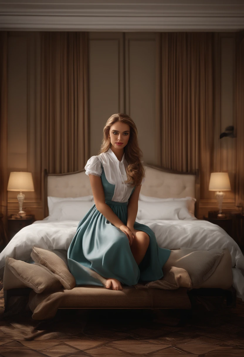 There is a woman sitting on a bed with a man behind her, sentada em sua cama, Arte Giantess, gorgeous maid, Tiro Giantess altamente detalhado, uma aluna hiperrealista, aluna hiperrealista, figura completa hiperrealista, Anime Barbie em meias brancas, sentada em seu quarto, sentado na cama, imagem ultra realista, em roupas brancas