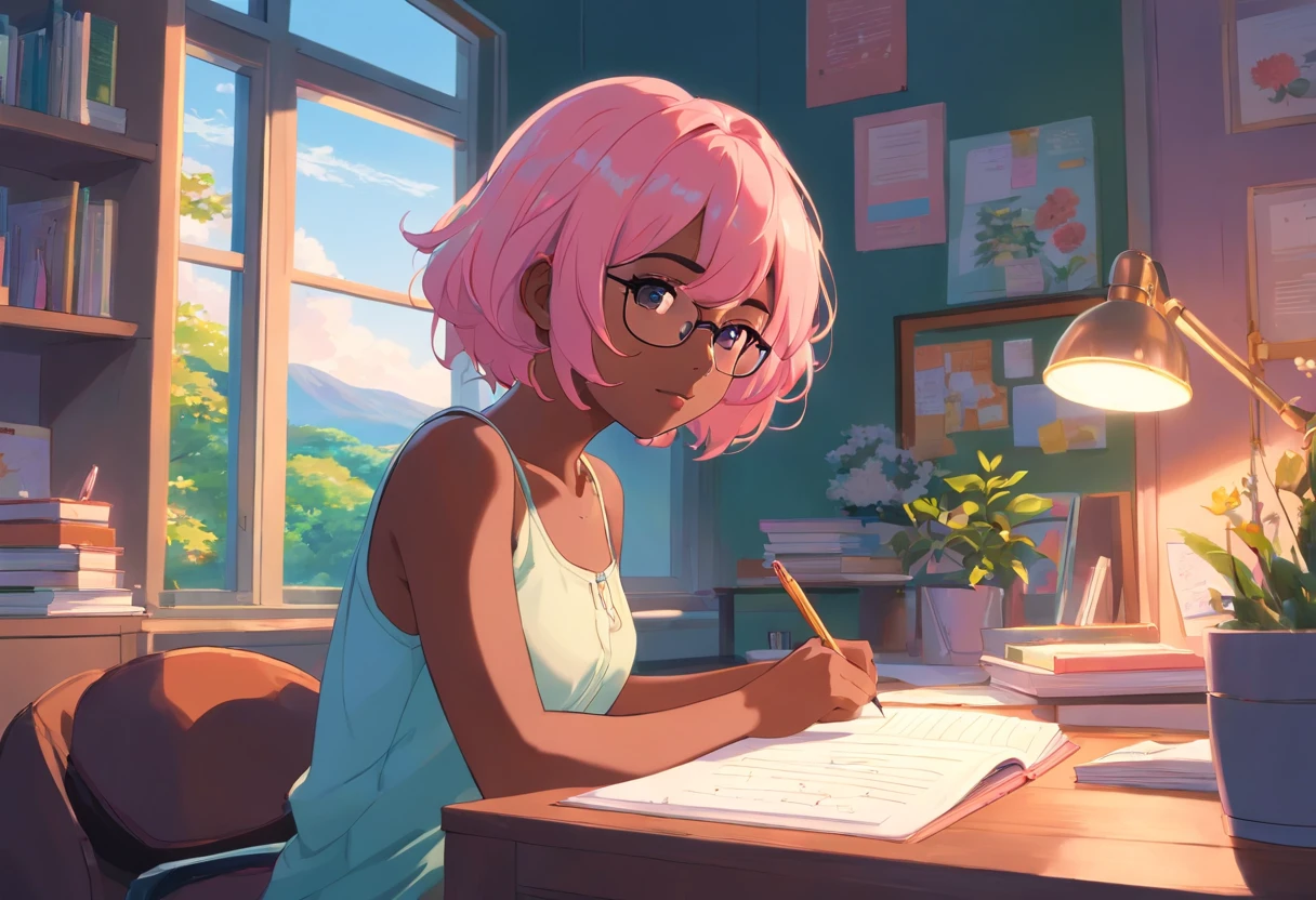 Lia a girl with pink hair, (dark skin), curly hair, studying in her peach pastel room, cozy study desk, glasses, large window overlooking beautiful nature scenery, (staring at the scenery), floral notebooks