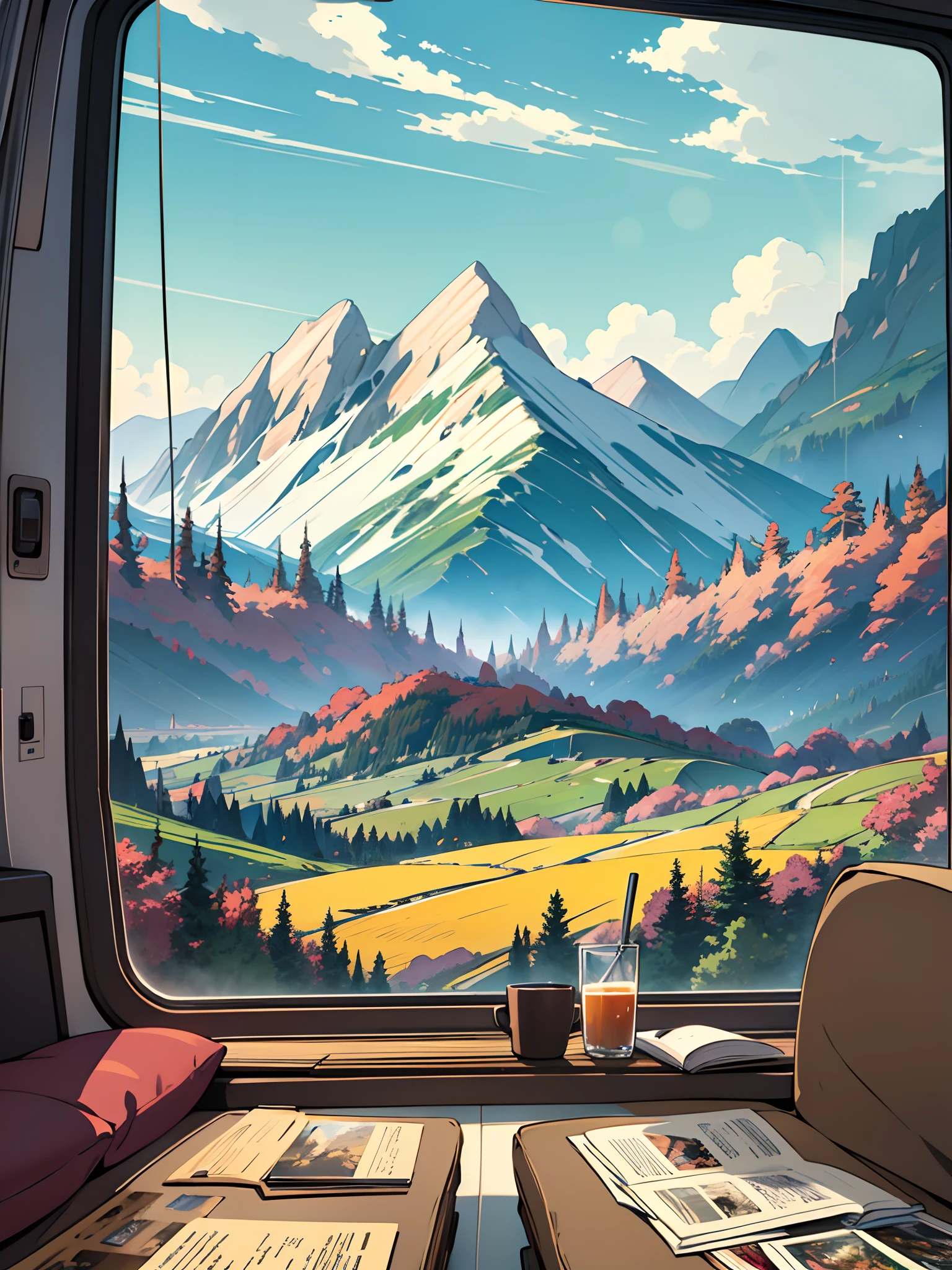 the interior of a camper van with a view of the mountains, detailed scenery —width 672, anime background art, anime scenery concept art, anime landscape wallpaper, anime countryside landscape, anime scenery, beautiful anime scenery, anime landscape, detailed scenery, relaxing concept art, anime background, scenery artwork, traveling through the mountains, anime beautiful peace scene, anime movie background --auto --s2