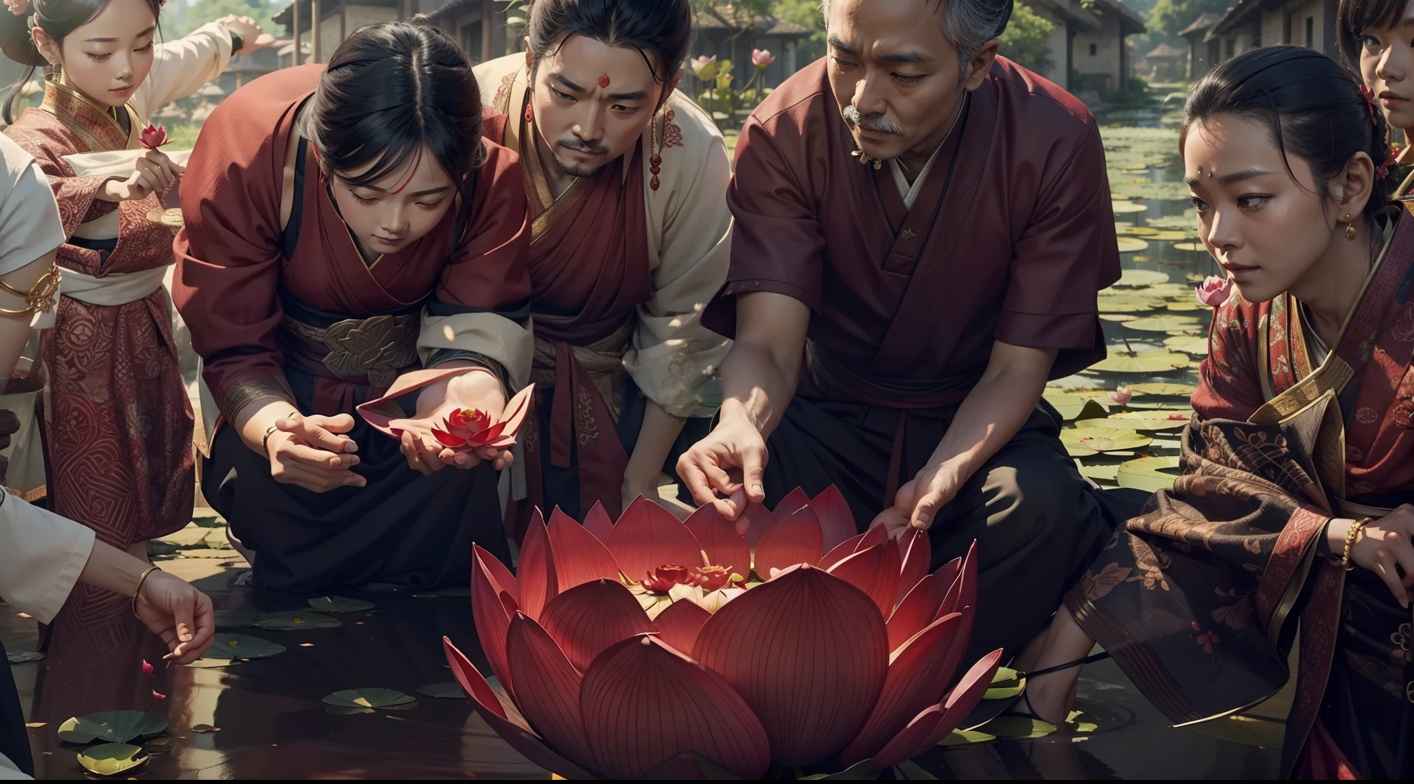 People in a village admiring a small red lotus flower, that is inside a vase, estilo anime, 4k.