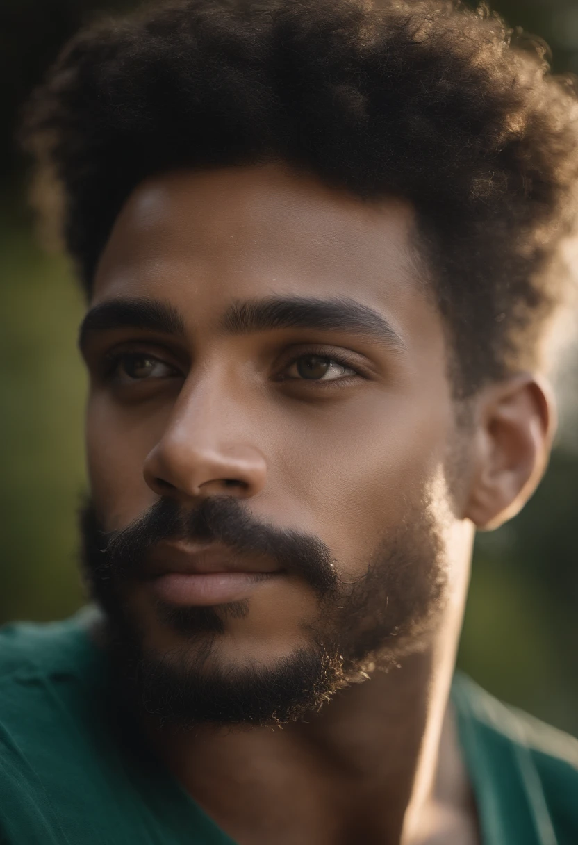 Black male, full body, Um jovem, Homem, best quality, alta qualidade, high resolution), realista, ultra-detalhado, highly detailed face features, realistic lighting and reflections, highly detailed face features, melhor foto,high-quality illustration, hippie, Feliz, ao fundo uma floresta, tatuagens, olhos verdes, barba curta, cabelos curtos, sorrindo, pose pra foto