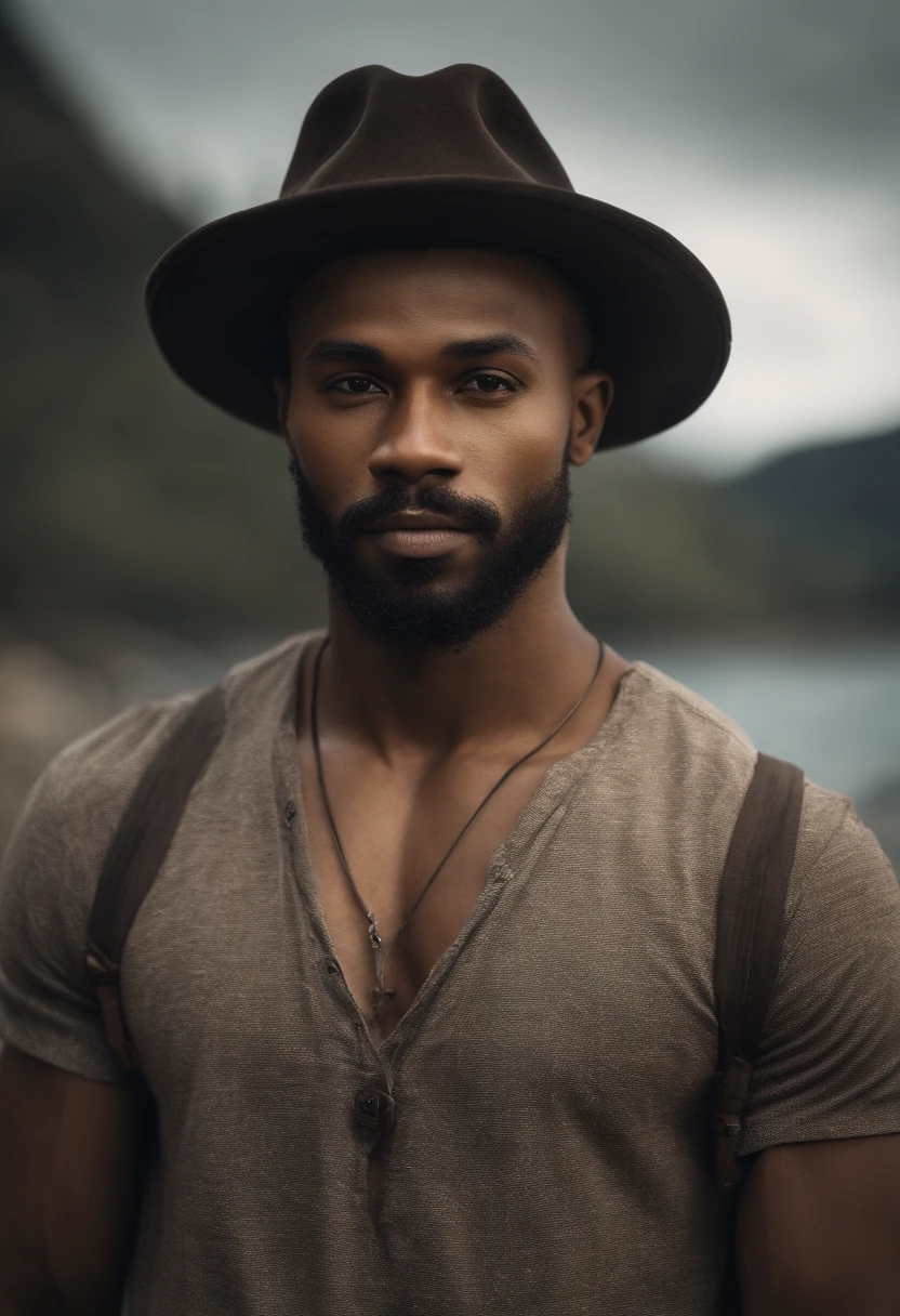 Black male, full body, Um jovem, Homem, best quality, alta qualidade, high resolution), realista, ultra-detalhado, highly detailed face features, realistic lighting and reflections, highly detailed face features, melhor foto,high-quality illustration, hippie, Feliz, ao fundo uma floresta, tatuagens, olhos verdes, barba curta, cabelos curtos, sorrindo, pose pra foto