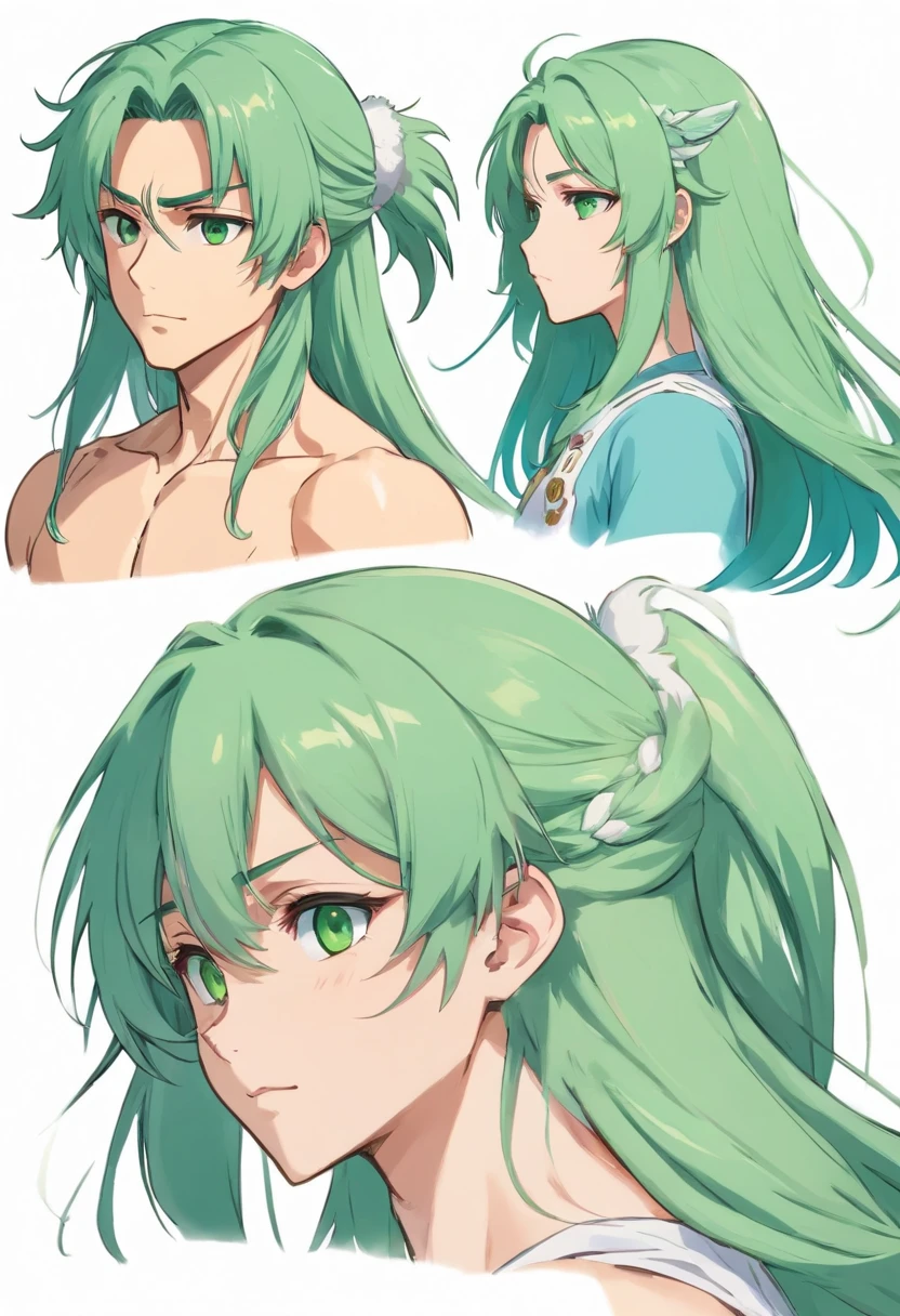 1boy, single, asian boy, reference sheet, character design, front angle, side angle, rear angle, dynamic poses, (masterpiece:1.2), (best quality:1.3), ice fantasy outfit, muscle body, athletic body. (Green eyes), (long hair), (long bangs), (green hair), (pale skin), (reference sheet:1.5)