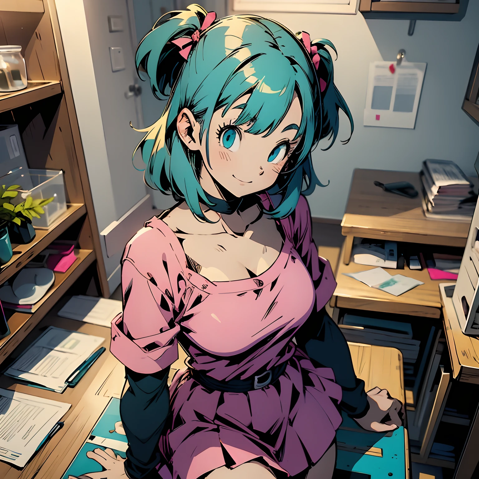 ( 1girl, solo) masterpiece, best quality, highres, indoors, lab desk, dragon ball, dragon ball, blmsdup, bulma, aqua hair, one side up, pink dress, long sleeves, collarbone, medium breasts, big breasts, (confused ) shirt, skirt, (detailed beautiful eyes) medium body shot, (underboob) full-body shot, deep cleveage, flirty, smileing