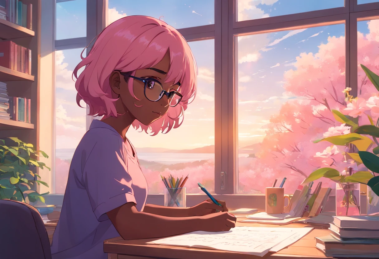 Lia a girl with pink hair, (dark skin), curly hair, studying in her peach pastel room, cozy study desk, glasses, large window overlooking beautiful nature scenery, (staring at the scenery), floral notebooks