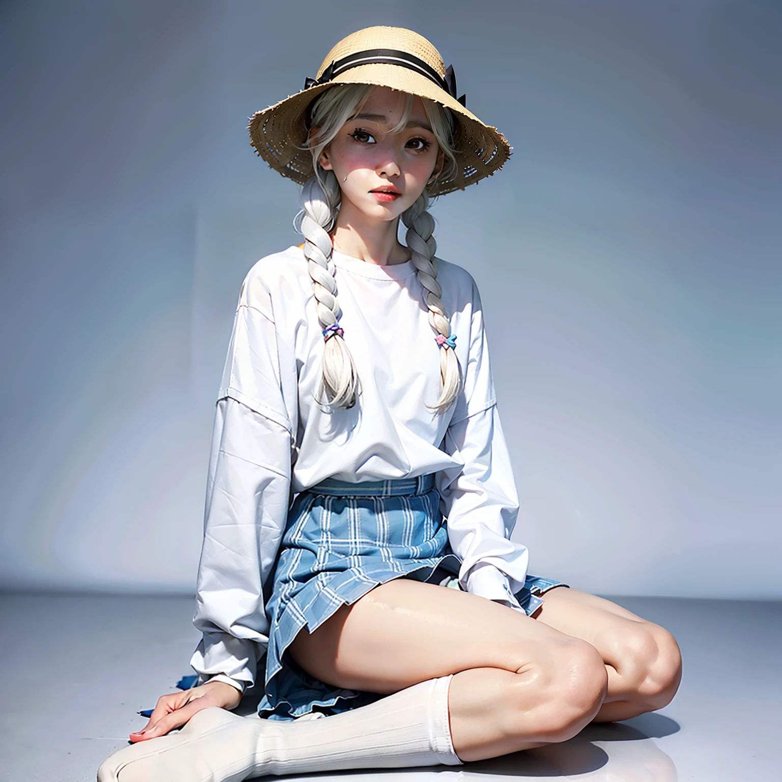 1人の女性、White bucket hat、White hair、Thin two braids、A small light blue ribbon on the braid、Long white T-shirt、Short skirt with white and light blue plaid pattern、White knee-high socks、skinny body、large lips、thick eyebrow、sexypose、long-sleeve、Black shoes、sitting on