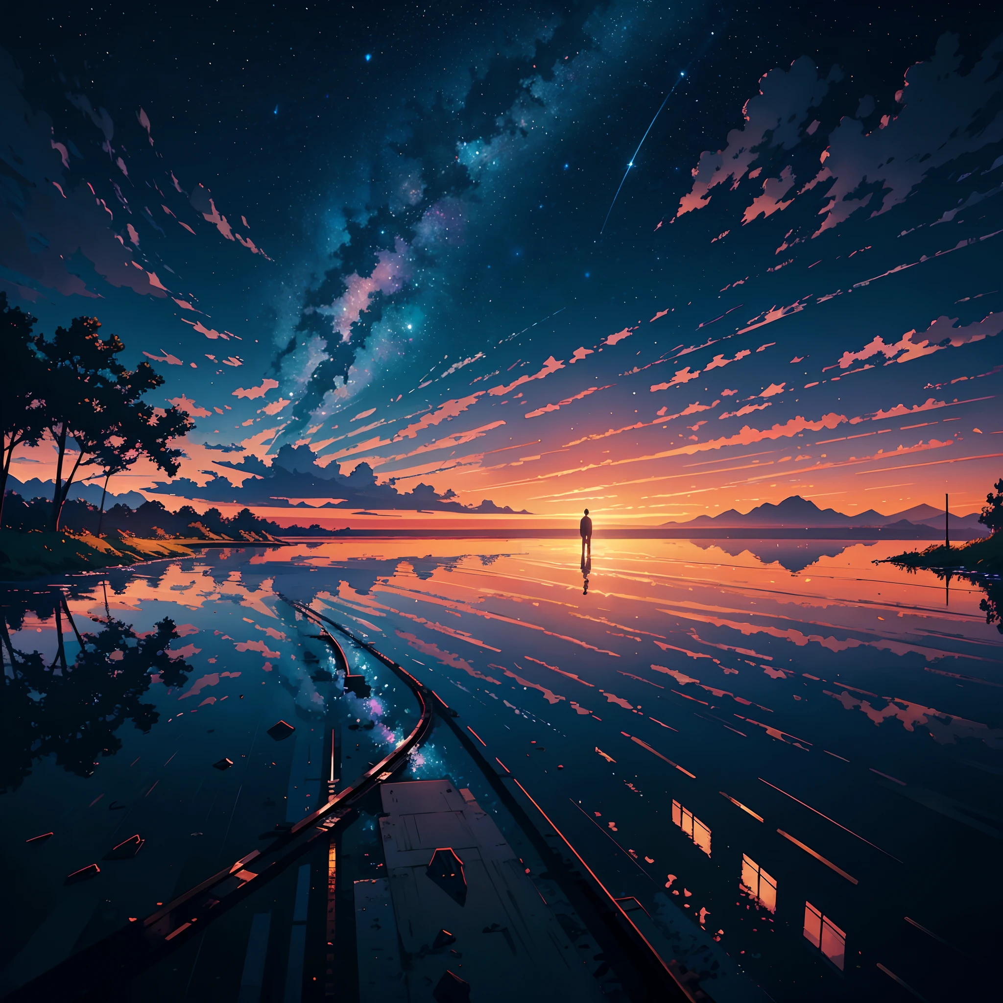 painting of a train track leading into the distance with a sunset in the background, going forward to the sunset, artwork about a road to freedom, rails, makoto shinkai cyril rolando, scenery artwork, inspired by Makoto Shinkai, twilight ; digital painting, dreamlike digital painting, sunset light, inspired by Grzegorz Domaradzki
nighttime scene of a lake with a boat in the water, reflections. by makoto shinkai, beautiful anime scene, cosmic skies. by makoto shinkai, makoto shinkai. —h 2160, dramatic lighting. concept art, night sky reflected in the water, ( ( makoto shinkai ) ), water reflecting suns light
night sky with stars and power lines and trees, moonlit starry sky environment, beautiful anime scene, night under the starry sky, night scenery, beautiful anime scenery, anime landscape wallpaper, anime scenery concept art, anime background art, anime countryside landscape, anime scenery, anime landscape, calm night. digital illustration, anime atmospheric, cosmic skies. by makoto shinkai