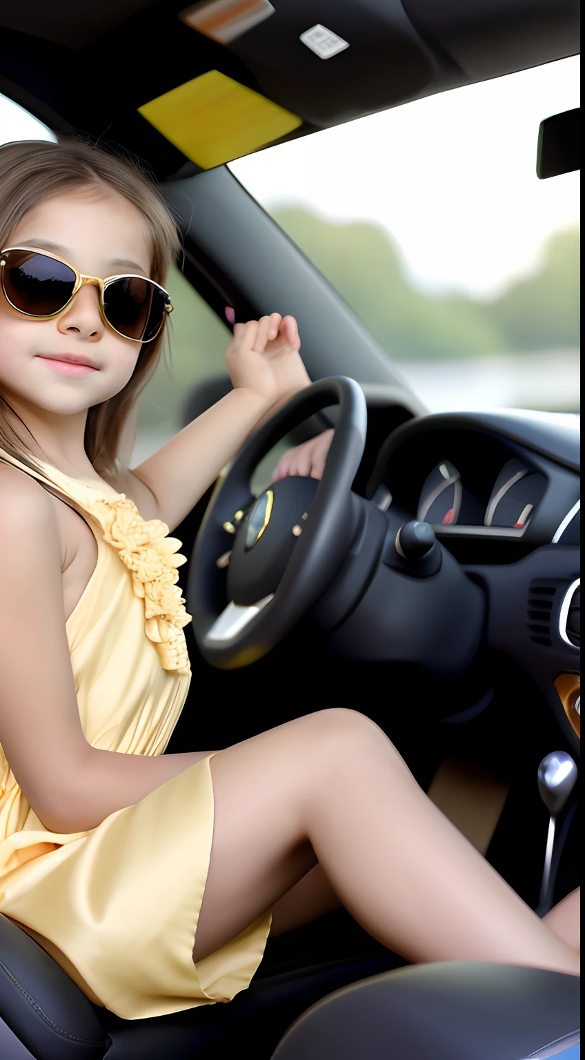 A child girl wearing sunglasses and wearing an elegant golden dress she is driving a car she is with her hand on the steering wheel of the car