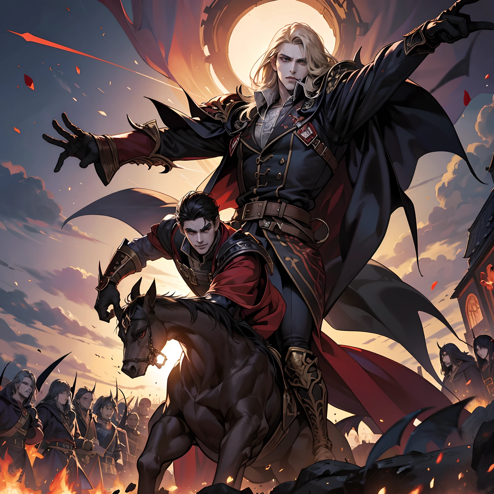 Castlevania Shadow Lord handsome muscular Lord Dracula leading troops armed with demons to war hyper realistic super detailed Dynamic pose super detailed faces hyper realistic super detailed