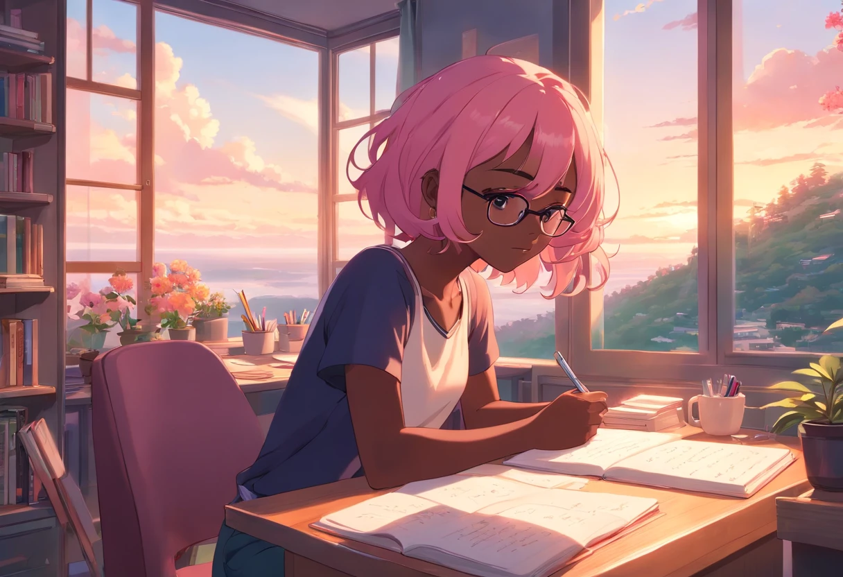 Lia a girl with pink hair, (dark skin), curly hair, studying in her peach pastel room, cozy study desk, glasses, large window overlooking beautiful nature scenery, (staring at the scenery), floral notebooks