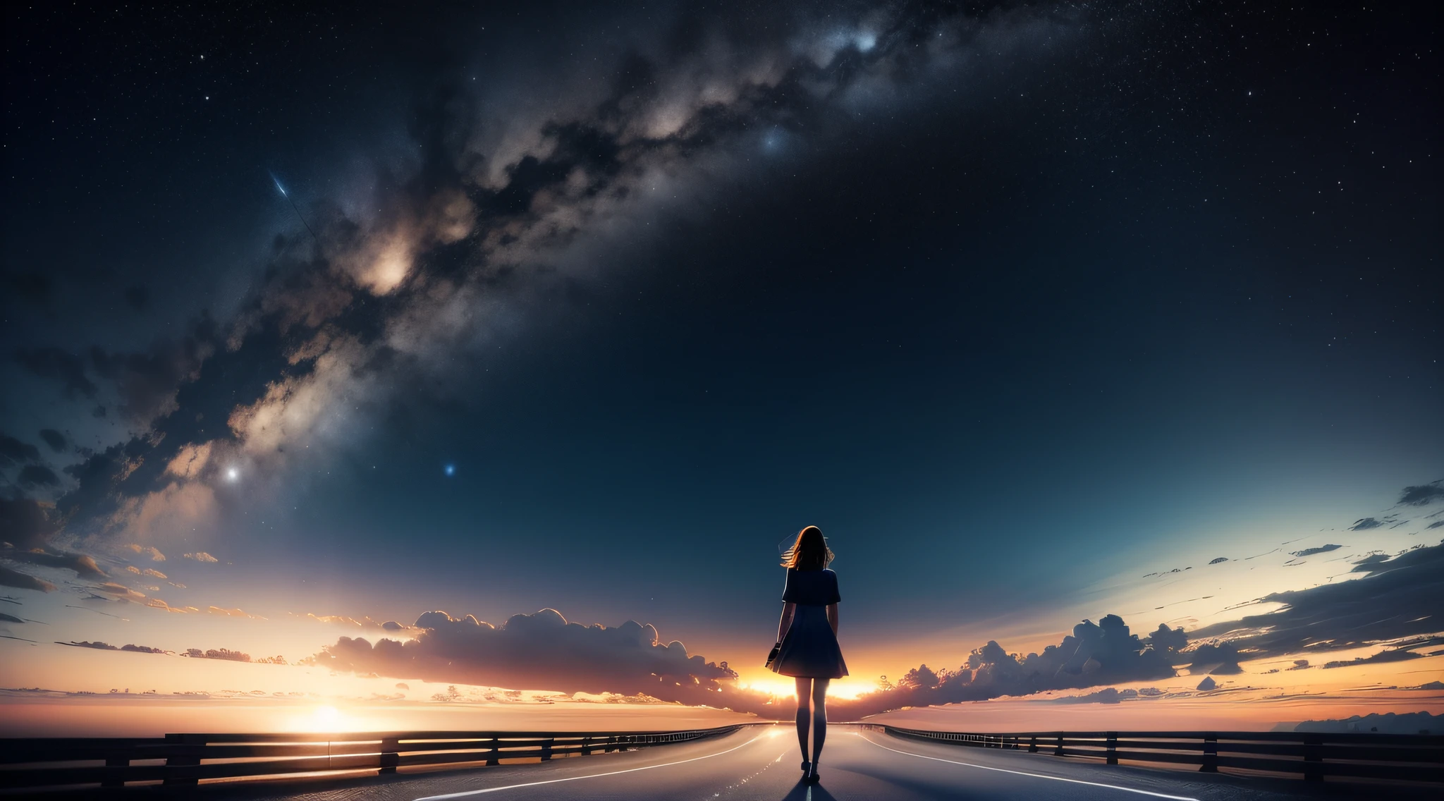 Create an image An image of a straight road stretching to the horizon, with the starry night sky above.
Add a silhouette of a person walking towards the stars.