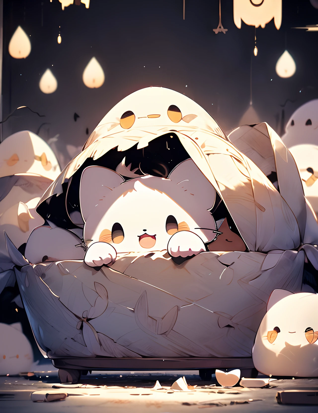 1cat, white cloak, smiling, ((glowing cat)brown eyes, hood up, no pupils, chibi, ghost, long sleeves, happy, cute, adorable