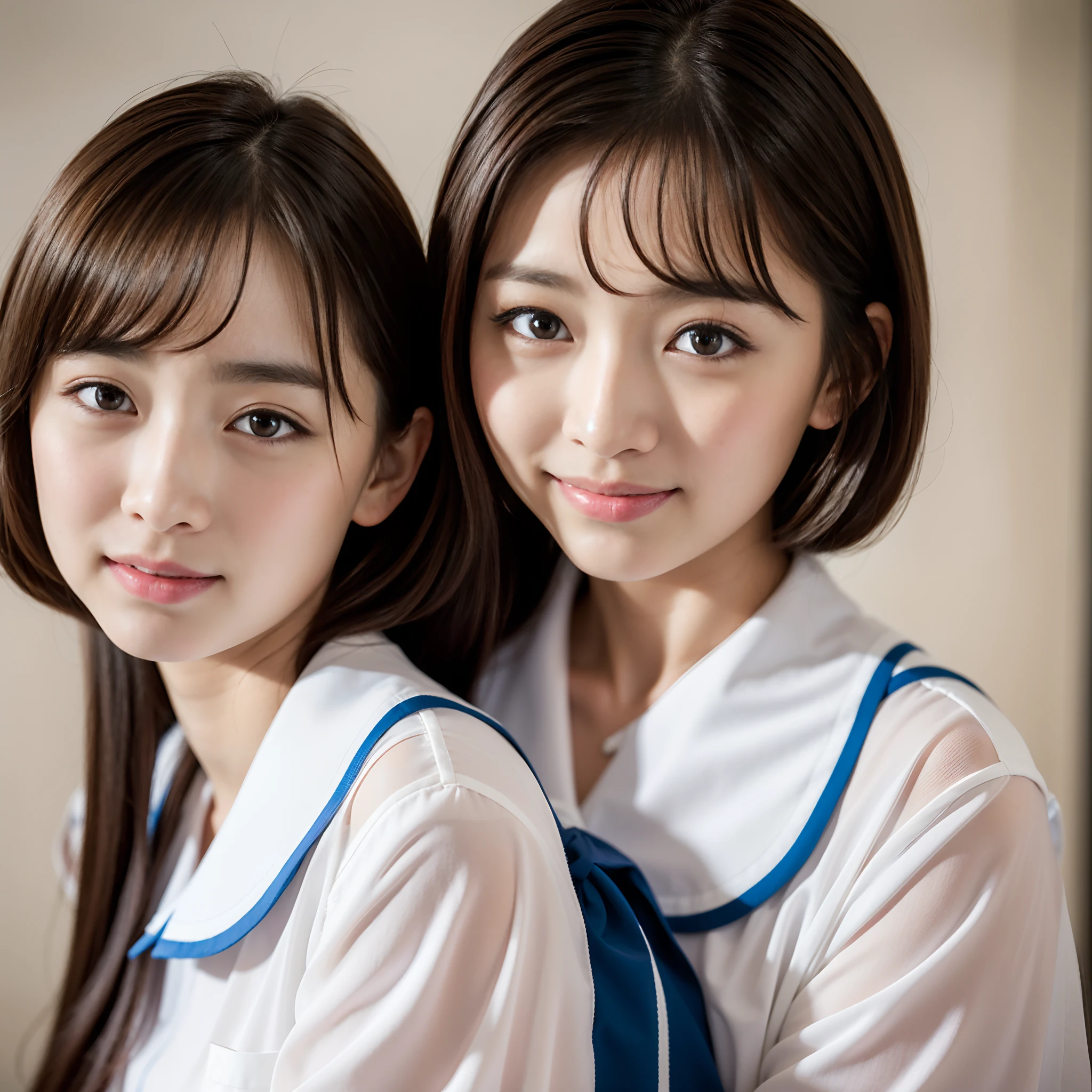 ulzzang -6500-v1.1, (Raw foto:1.2), (Photorealsitic:1.4), a beautiful detailed girl, extremely detailed eye and face, beatiful detailed eyes, huge filesize, (Small), hight resolution, ighly detailed, top-quality, [​masterpiece:1.6], [JK school uniform], illustratio, ighly detailed, nffsw, finely detail, top-quality, Highly detailed ticker uniform 8k wallpaper, Cinematographic lighting, 1girl in、17 age、Cute Japan high school girl、perfect body type、[Unbuttoning a white school blouse]、Small, taut breasts、Cute droopy eyes、Beautiful big eyes、White School Blouse、see-through brassiere、Sweating and getting wet、[sexual excitement:1.1]、[lyin in bed:1.5]、Raise both hands、School uniform ribbon around neck、A slight smil、(the whole body is wet)、Shining eyes