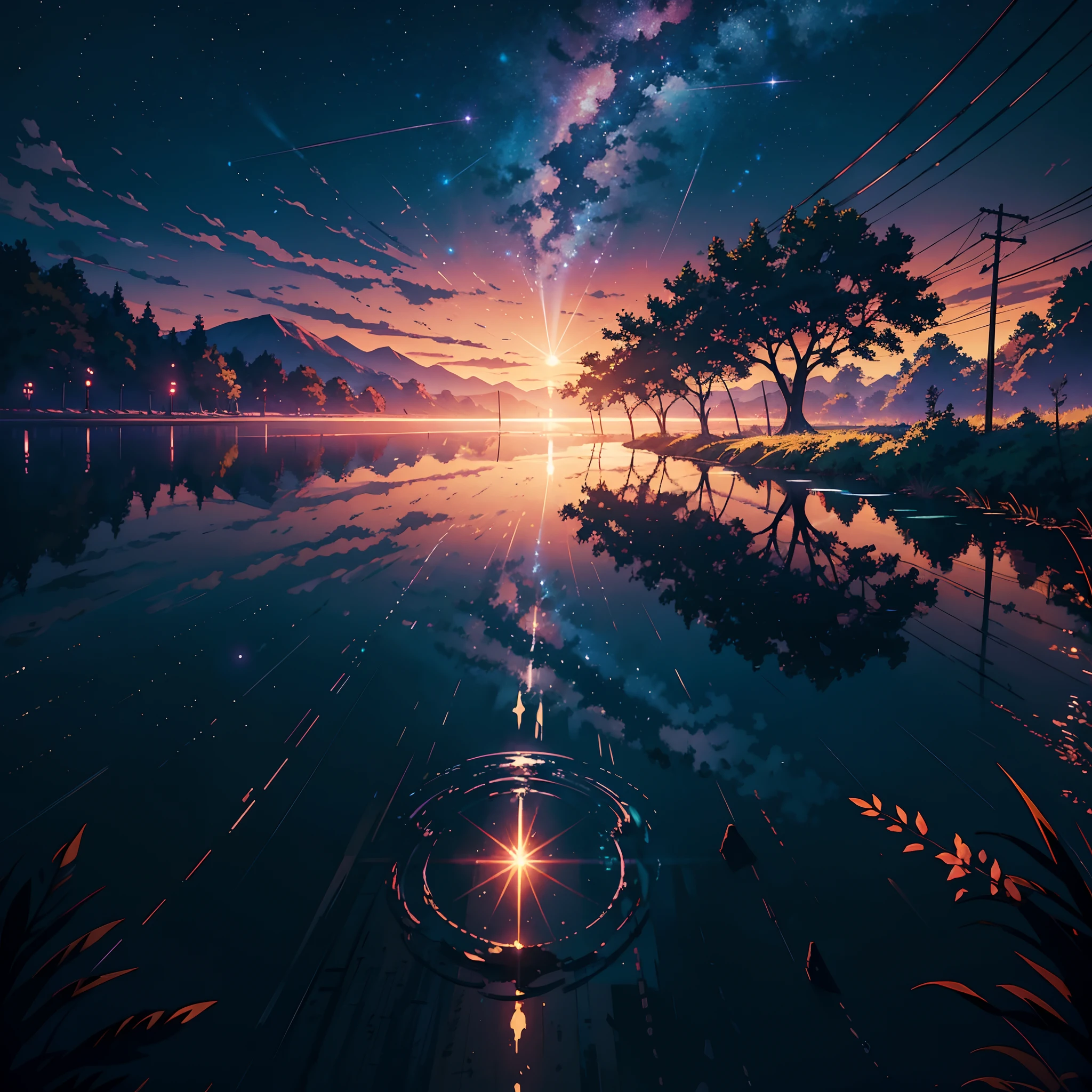 painting of a train track leading into the distance with a sunset in the background, going forward to the sunset, artwork about a road to freedom, rails, makoto shinkai cyril rolando, scenery artwork, inspired by Makoto Shinkai, twilight ; digital painting, dreamlike digital painting, sunset light, inspired by Grzegorz Domaradzki
nighttime scene of a lake with a boat in the water, reflections. by makoto shinkai, beautiful anime scene, cosmic skies. by makoto shinkai, makoto shinkai. —h 2160, dramatic lighting. concept art, night sky reflected in the water, ( ( makoto shinkai ) ), water reflecting suns light
night sky with stars and power lines and trees, moonlit starry sky environment, beautiful anime scene, night under the starry sky, night scenery, beautiful anime scenery, anime landscape wallpaper, anime scenery concept art, anime background art, anime countryside landscape, anime scenery, anime landscape, calm night. digital illustration, anime atmospheric, cosmic skies. by makoto shinkai