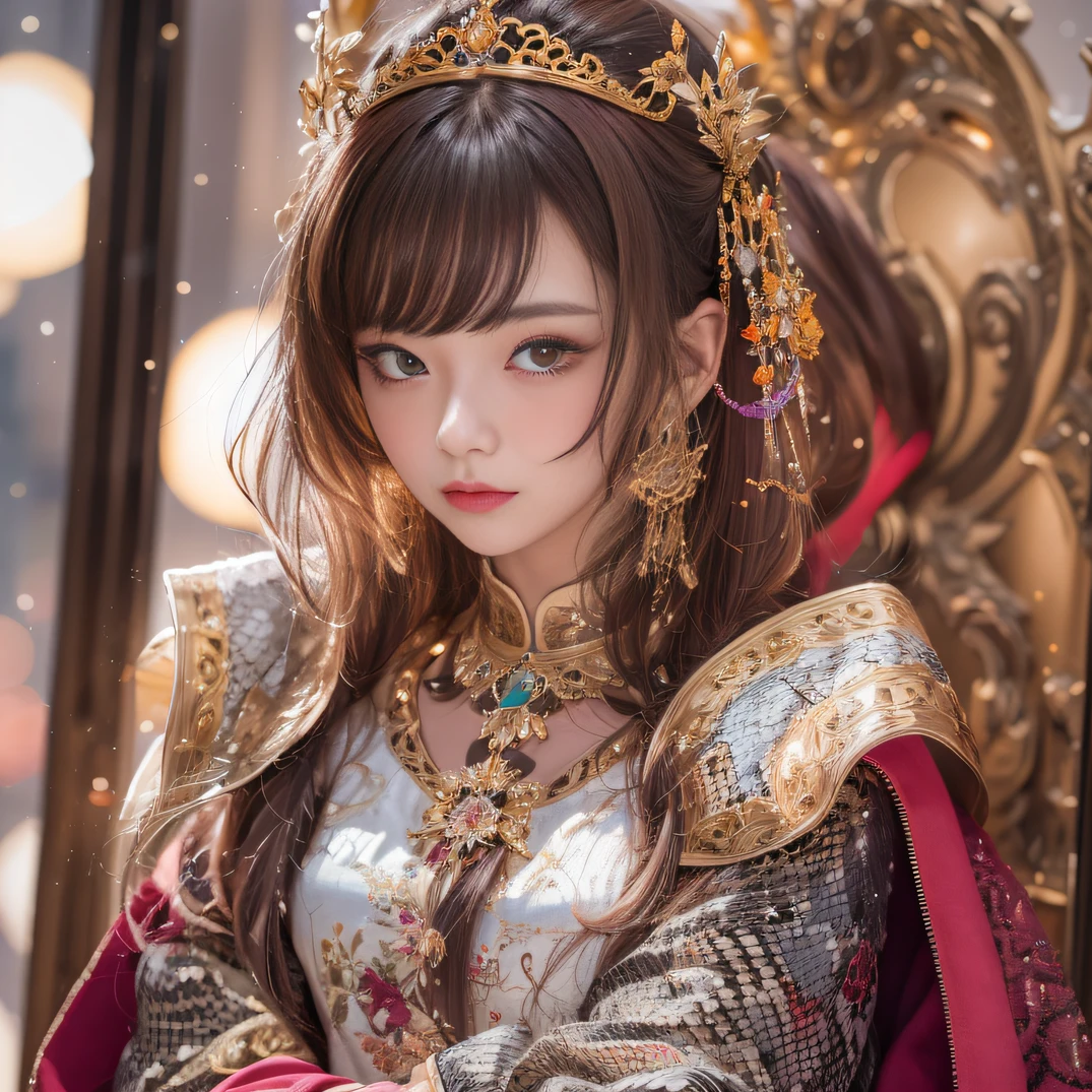 32K(tmasterpiece,k hd,hyper HD,32K)Short burgundy hair,Gold jewelry area in the back room,Flame Girl ,Yao Lang protector (realisticlying:1.4),Python pattern robe,Purple-pink tiara,Snowflakes fluttering,The background is pure,Hold your head high,Be proud,The nostrils look at people, A high resolution, the detail, RAW photogr, Sharp Re, Nikon D850 Film Stock Photo by Jefferies Lee 4 Kodak Portra 400 Camera F1.6 shots, Rich colors, ultra-realistic vivid textures, Dramatic lighting, Unreal Engine Art Station Trend, cinestir 800,Hold your head high,Be proud,The nostrils look at people,Short burgundy hair