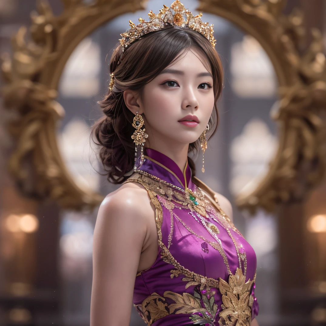 32K（tmasterpiece，k hd，hyper HD，32K）Short burgundy hair，Gold jewelry area in the back room，Flame Girl ，Yao Lang protector （realisticlying：1.4），Python pattern robe，Purple-pink tiara，Snowflakes fluttering，The background is pure，Hold your head high，Be proud，The nostrils look at people， A high resolution， the detail， RAW photogr， Sharp Re， Nikon D850 Film Stock Photo by Jefferies Lee 4 Kodak Portra 400 Camera F1.6 shots, Rich colors, ultra-realistic vivid textures, Dramatic lighting, Unreal Engine Art Station Trend, cinestir 800，Hold your head high，Be proud，The nostrils look at people，Short burgundy hair