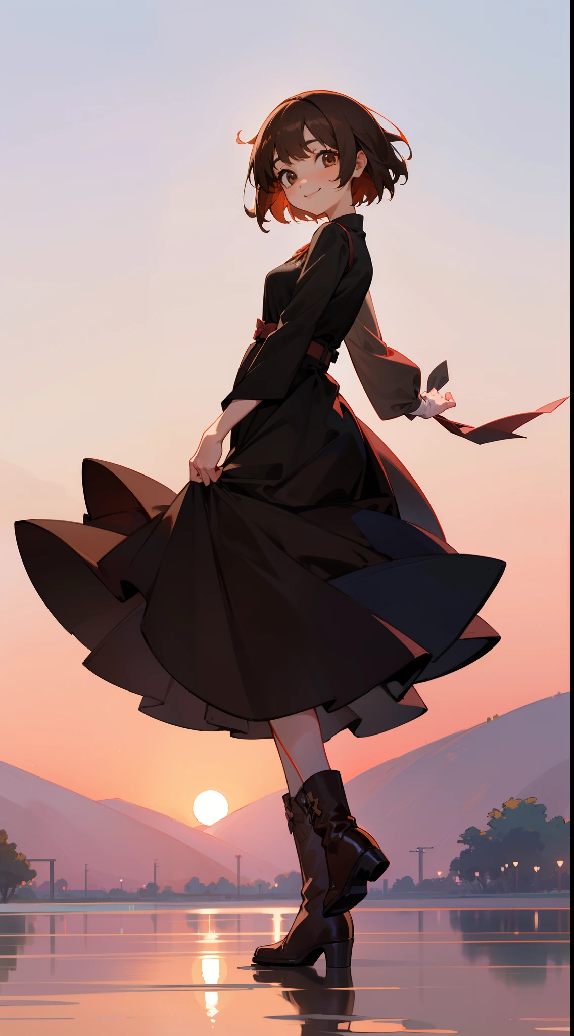 Best quality, high quality, 8k, 1girl, smiling, short brown hair, long black dress, brown eyes, boots, sakura gardem, sunset, warm