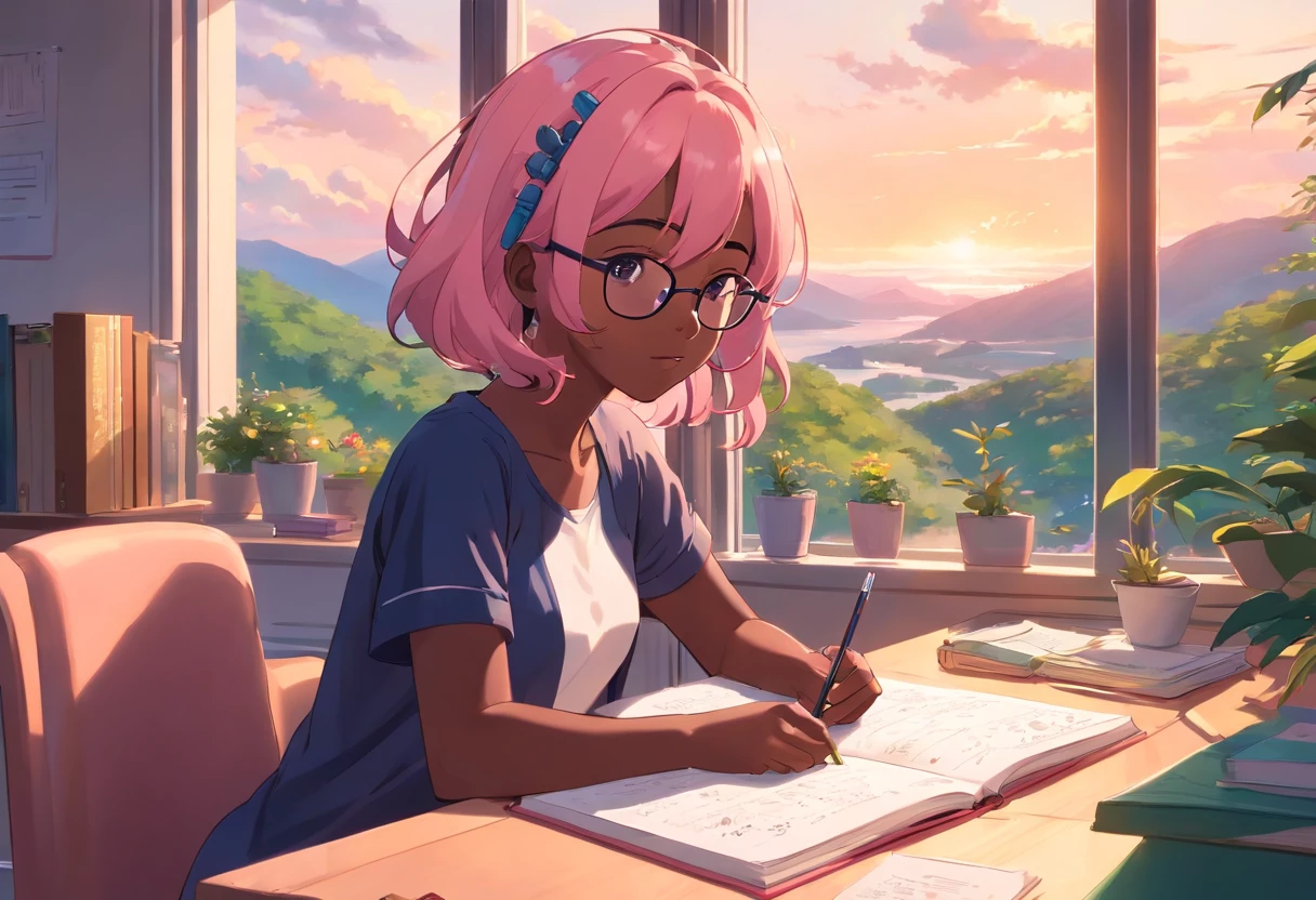 Lia a girl with pink hair, (dark skin), curly hair, studying in her peach pastel room, cozy study desk, glasses, large window overlooking beautiful nature scenery, (staring at the scenery), floral notebooks