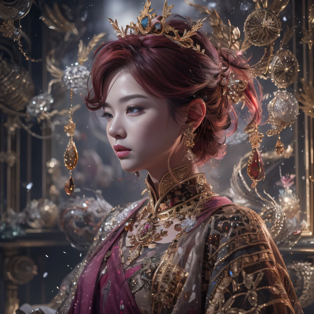 32K(tmasterpiece,k hd,hyper HD,32K)Short burgundy hair,Gold jewelry area in the back room,Flame Girl ,Yao Lang protector (realisticlying:1.4),Python pattern robe,Purple-pink tiara,Snowflakes fluttering,The background is pure,Hold your head high,Be proud,The nostrils look at people, A high resolution, the detail, RAW photogr, Sharp Re, Nikon D850 Film Stock Photo by Jefferies Lee 4 Kodak Portra 400 Camera F1.6 shots, Rich colors, ultra-realistic vivid textures, Dramatic lighting, Unreal Engine Art Station Trend, cinestir 800,Hold your head high,Be proud,The nostrils look at people,Short burgundy hair