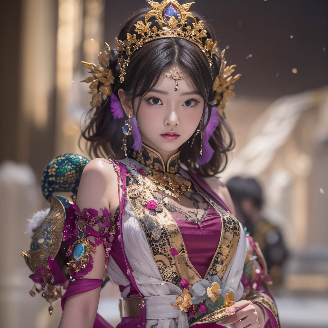 32K(tmasterpiece,k hd,hyper HD,32K)Short burgundy hair,Gold jewelry area in the back room,Flame Girl ,Yao Lang protector (realisticlying:1.4),Python pattern robe,Purple-pink tiara,Snowflakes fluttering,The background is pure,Hold your head high,Be proud,The nostrils look at people, A high resolution, the detail, RAW photogr, Sharp Re, Nikon D850 Film Stock Photo by Jefferies Lee 4 Kodak Portra 400 Camera F1.6 shots, Rich colors, ultra-realistic vivid textures, Dramatic lighting, Unreal Engine Art Station Trend, cinestir 800,Hold your head high,Be proud,The nostrils look at people,Short burgundy hair