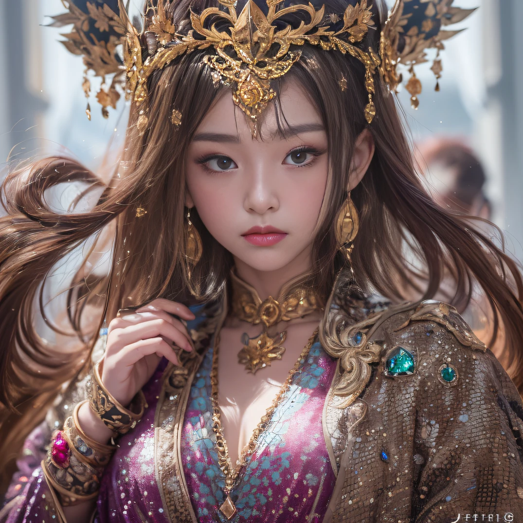 The scene is on the moon,In Journey to the West, The goddess Nuwa holds the galaxy in her palm,ornate garment,long leges,gem jewelry,Artistically,ultraclear,complex,Extremely detailed,Hair color random,Hairstyle Random,8k