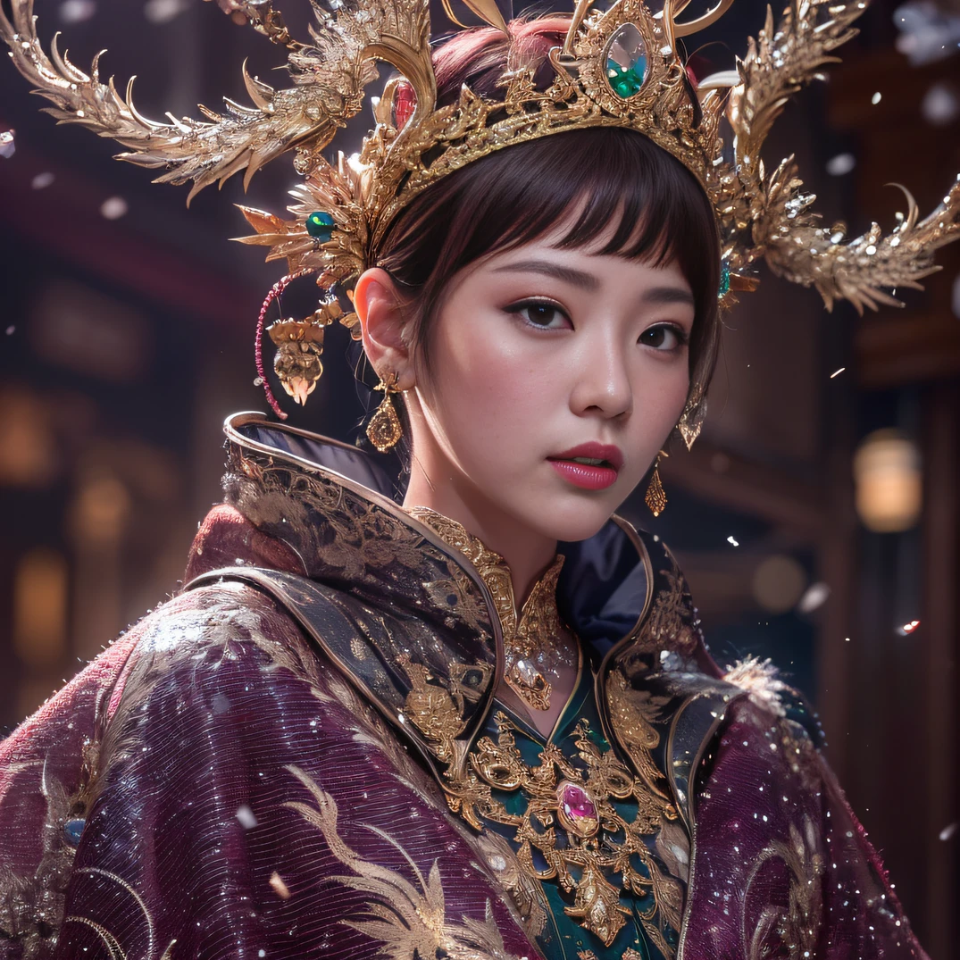 32K(tmasterpiece,k hd,hyper HD,32K)Short burgundy hair,Gold jewelry area in the back room,Flame Girl ,Yao Lang protector (realisticlying:1.4),Python pattern robe,Purple-pink tiara,Snowflakes fluttering,The background is pure,Hold your head high,Be proud,The nostrils look at people, A high resolution, the detail, RAW photogr, Sharp Re, Nikon D850 Film Stock Photo by Jefferies Lee 4 Kodak Portra 400 Camera F1.6 shots, Rich colors, ultra-realistic vivid textures, Dramatic lighting, Unreal Engine Art Station Trend, cinestir 800,Hold your head high,Be proud,The nostrils look at people,Short burgundy hair