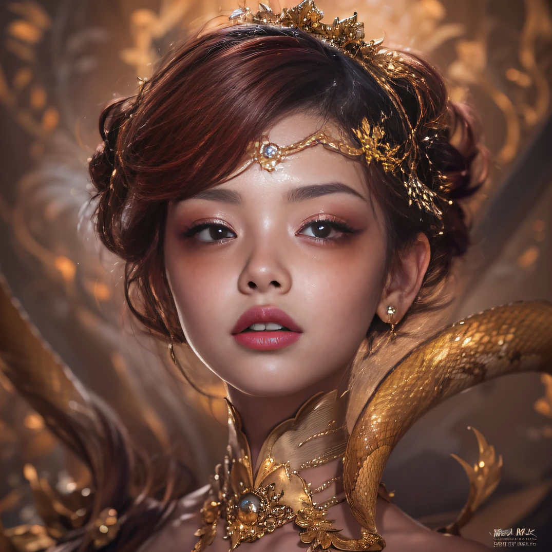 Painting of a woman wearing a dragon hat and a dragon on her face., Beautiful digital artwork, Highly detailed 4k digital art., pop japonisme 3 d ultra detailed, Amazing digital illustrations, Complex digital painting, Gorgeous digital art, Awesome digital art with details., Amazing Digital Art, beautiful art illustrations, Amazing Digital Art, 4K detailed digital art