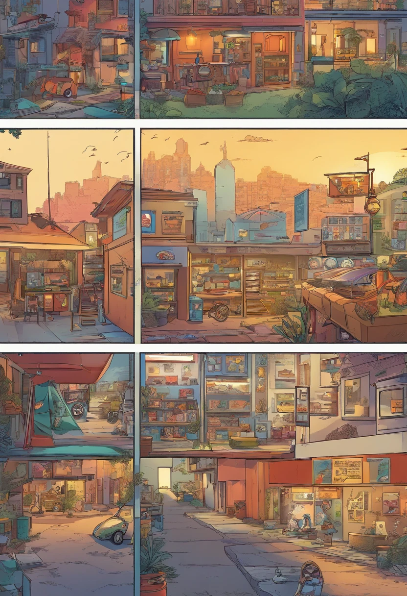 Quadrinhos americanos, The comic is presented in several irregular panels with colors. The sun shines brightly in the sky. No centro de uma cidade empoeirada, vemos R2-X7, A small astro-mechanic with a silver cylindrical body and blue details. He's stuck in a repair shop.