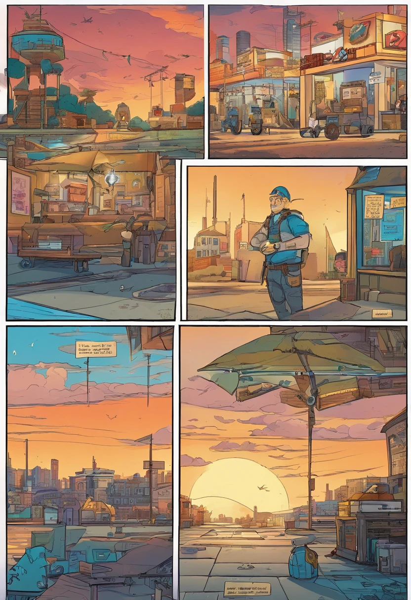 Quadrinhos americanos, The comic is presented in several irregular panels with colors. The sun shines brightly in the sky. No centro de uma cidade empoeirada, vemos R2-X7, A small astro-mechanic with a silver cylindrical body and blue details. He's stuck in a repair shop.