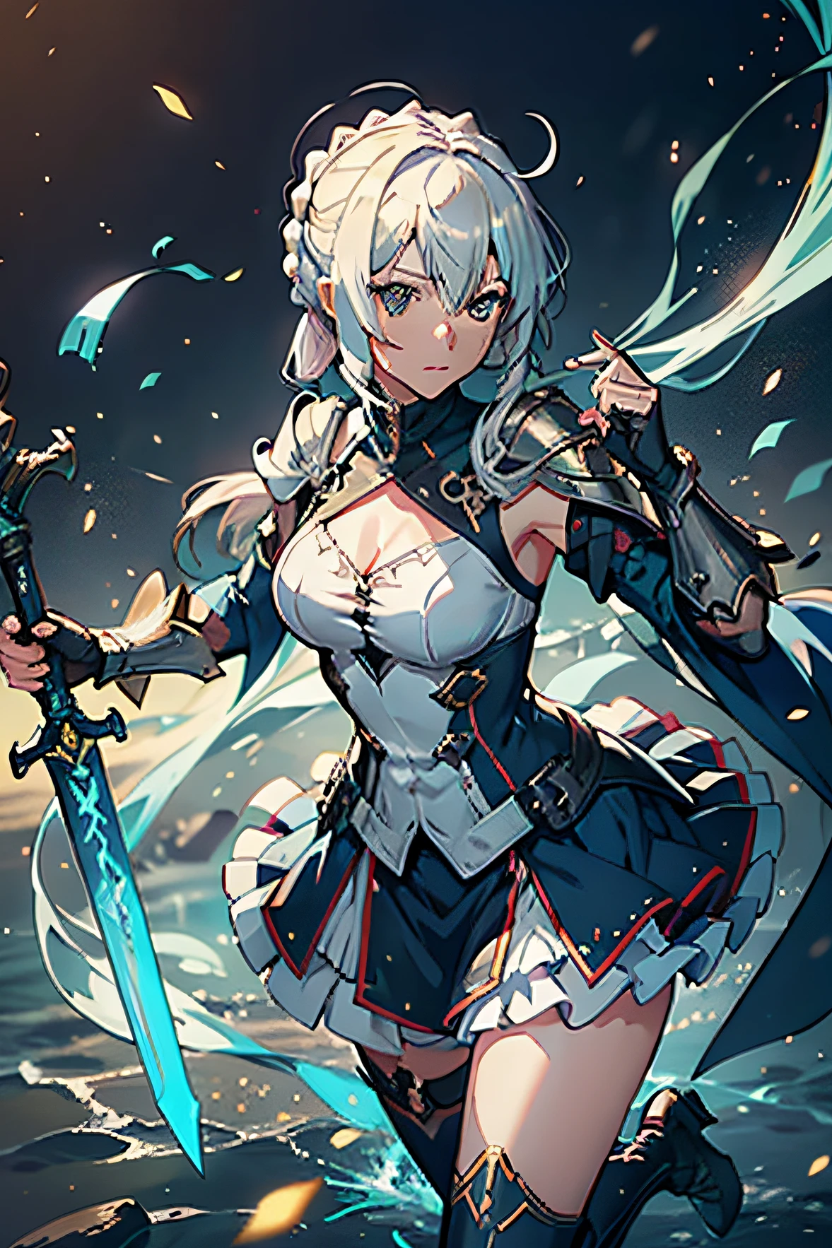 Un primer plano de una mujer con un vestido con una espada, Cushart Krenz Key Art Femenino, Artoria pendragon, destino / stay night, Artoria pendragon cabello dorado, armadura dorada, pose heroica, Tendencias en ArtStation Pixiv, Artgerm extremadamente detallado, Gran Orden del Destino, Detalles finos. girls frontline, inspirado por Li Chevalier, Estilo anime como el destino/stay night, Arte Oficial